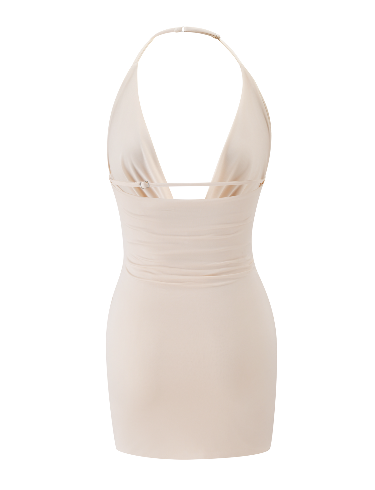 The TIGERMIST THARA MINI DRESS in cream features an adjustable halter neck, deep V neckline, ruched waist detail, and a fitted silhouette, shown against a plain white background.