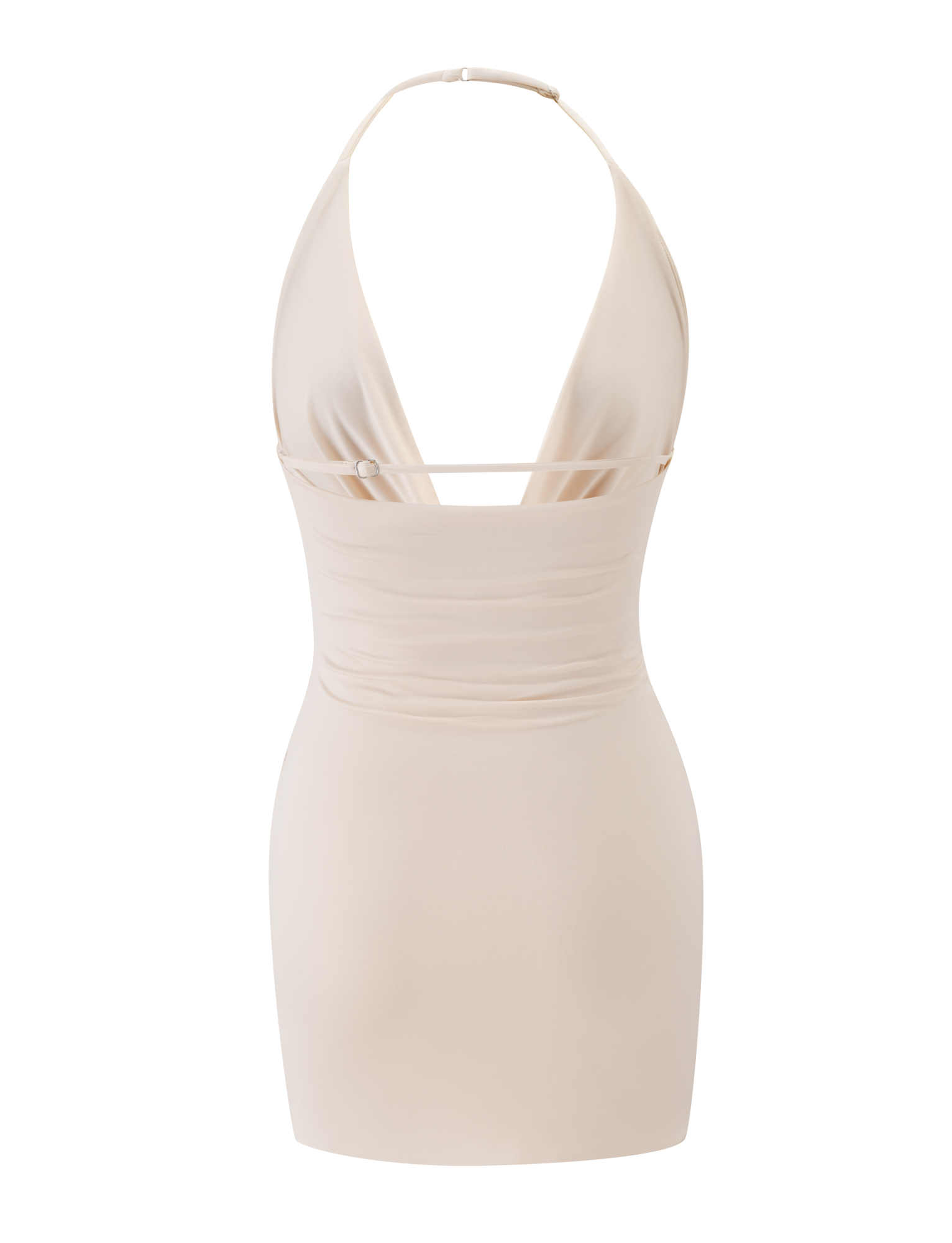 The TIGERMIST THARA MINI DRESS in cream features an adjustable halter neck, deep V neckline, ruched waist detail, and a fitted silhouette, shown against a plain white background.