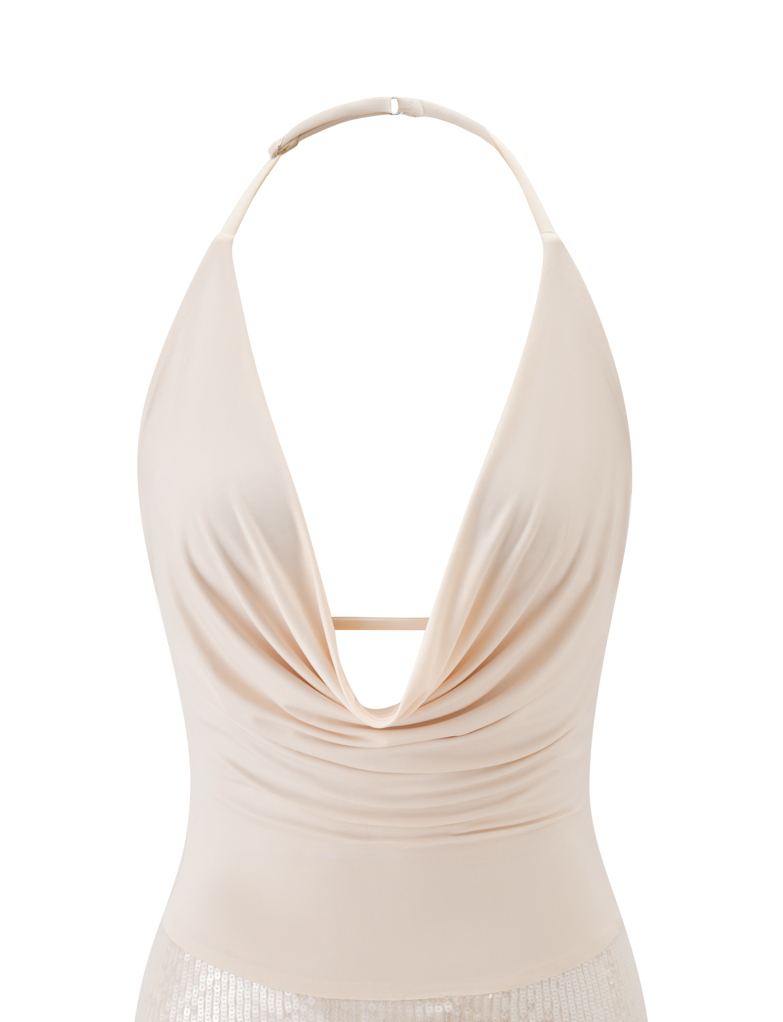 The THARA MINI DRESS in cream by TIGERMIST features a deep cowl neckline, adjustable halter neck, and thin neck strap, showcased against a plain white background.