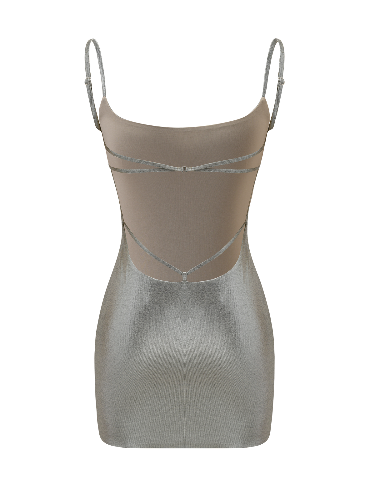 The MINERVA MINI DRESS 2.0 - LIQUID SILVER by TIGERMIST is a metallic silver bodycon mini dress with adjustable shoulder straps.