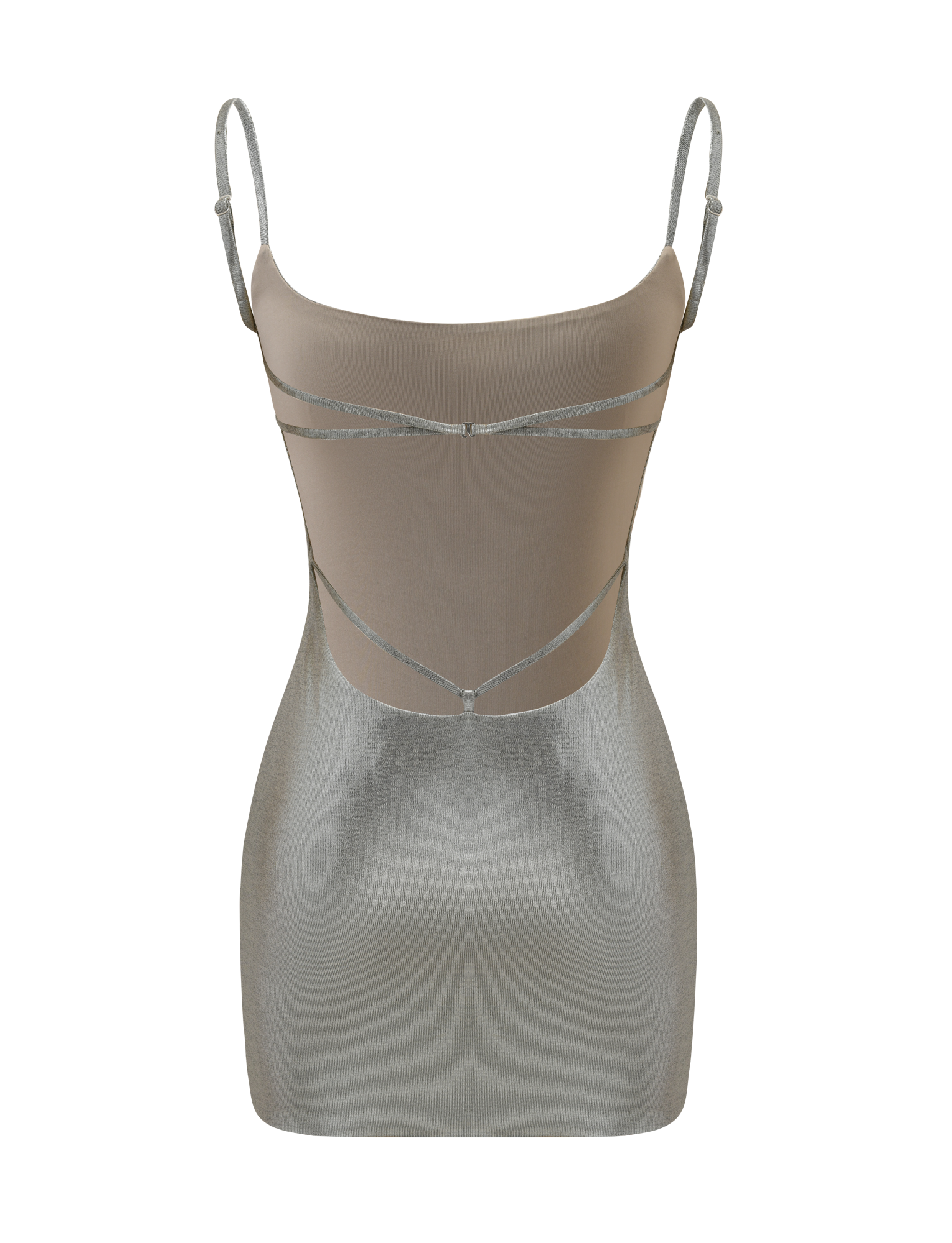 The MINERVA MINI DRESS 2.0 - LIQUID SILVER by TIGERMIST is a metallic silver bodycon mini dress with adjustable shoulder straps.