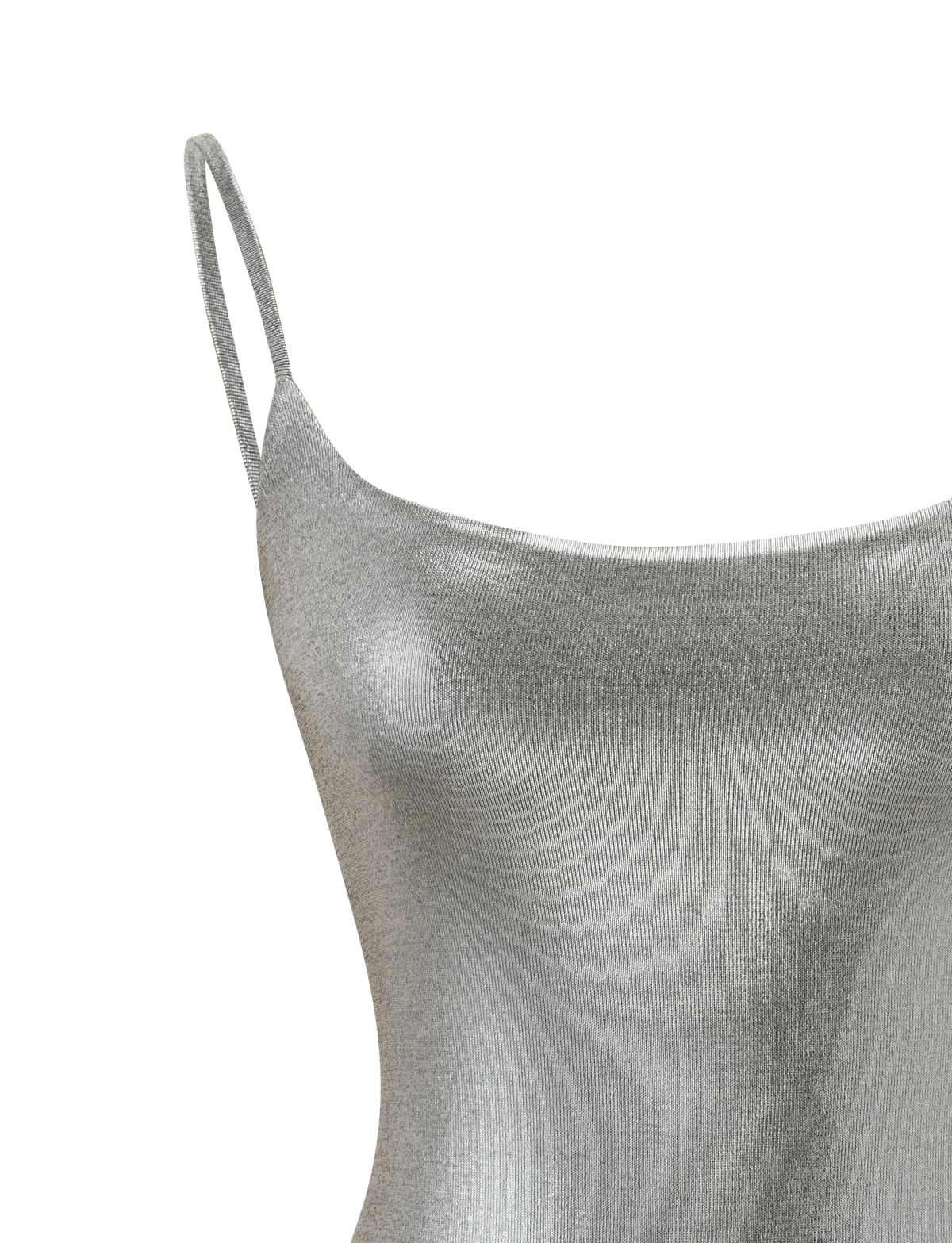 Close-up of the MINERVA MINI DRESS 2.0 - LIQUID SILVER by TIGERMIST, a sleeveless, metallic silver mini dress with adjustable straps, displayed against a plain white background.