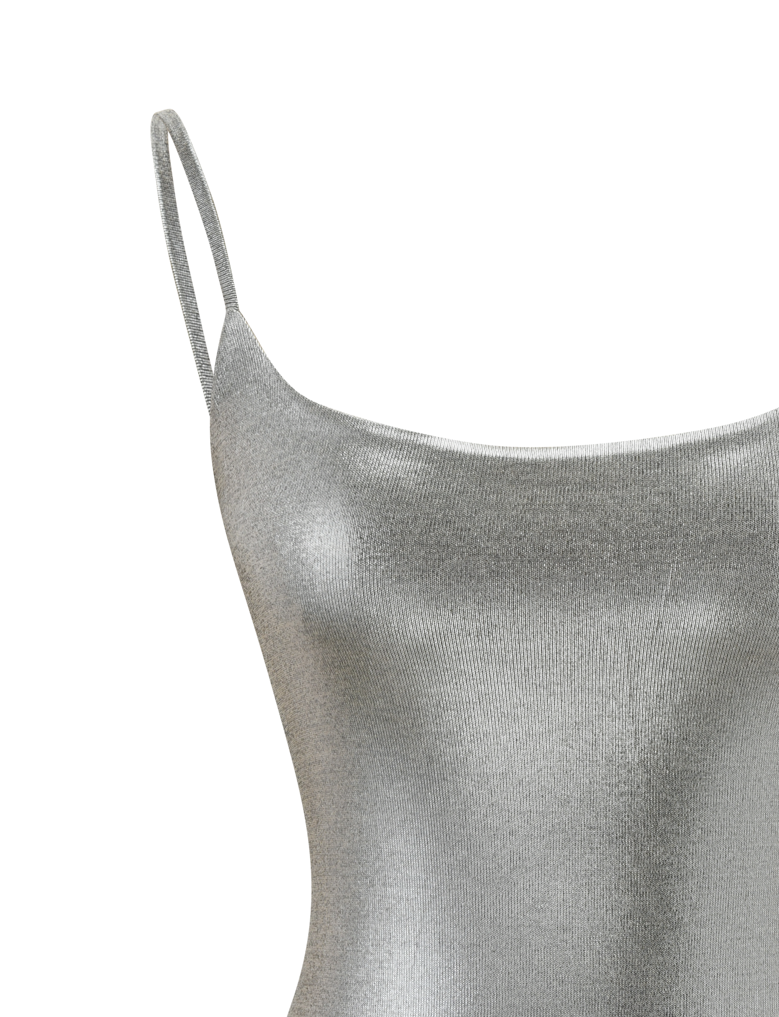 Close-up of the MINERVA MINI DRESS 2.0 - LIQUID SILVER by TIGERMIST, a sleeveless, metallic silver mini dress with adjustable straps, displayed against a plain white background.
