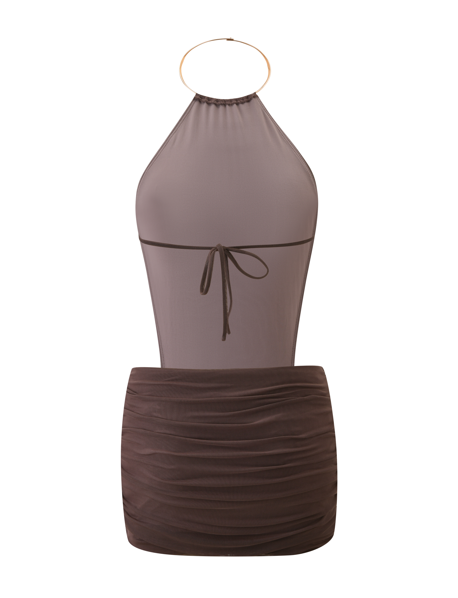 The TIGERMIST EVANNA MINI DRESS - MOCHA is a sleeveless brown mini dress with a gold neck ring, sheer mesh upper bodice, back tie, and ruched fitted skirt. Displayed on a plain white background.