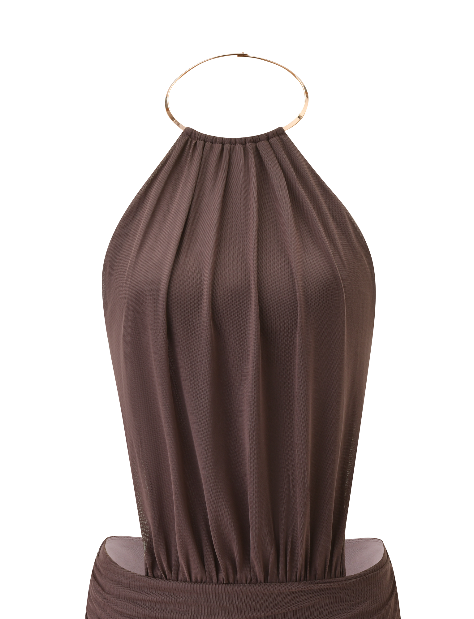 The TIGERMIST EVANNA MINI DRESS - MOCHA is a sleeveless brown halter dress featuring a pleated bodice and a gold metallic neck ring, displayed against a plain white background.
