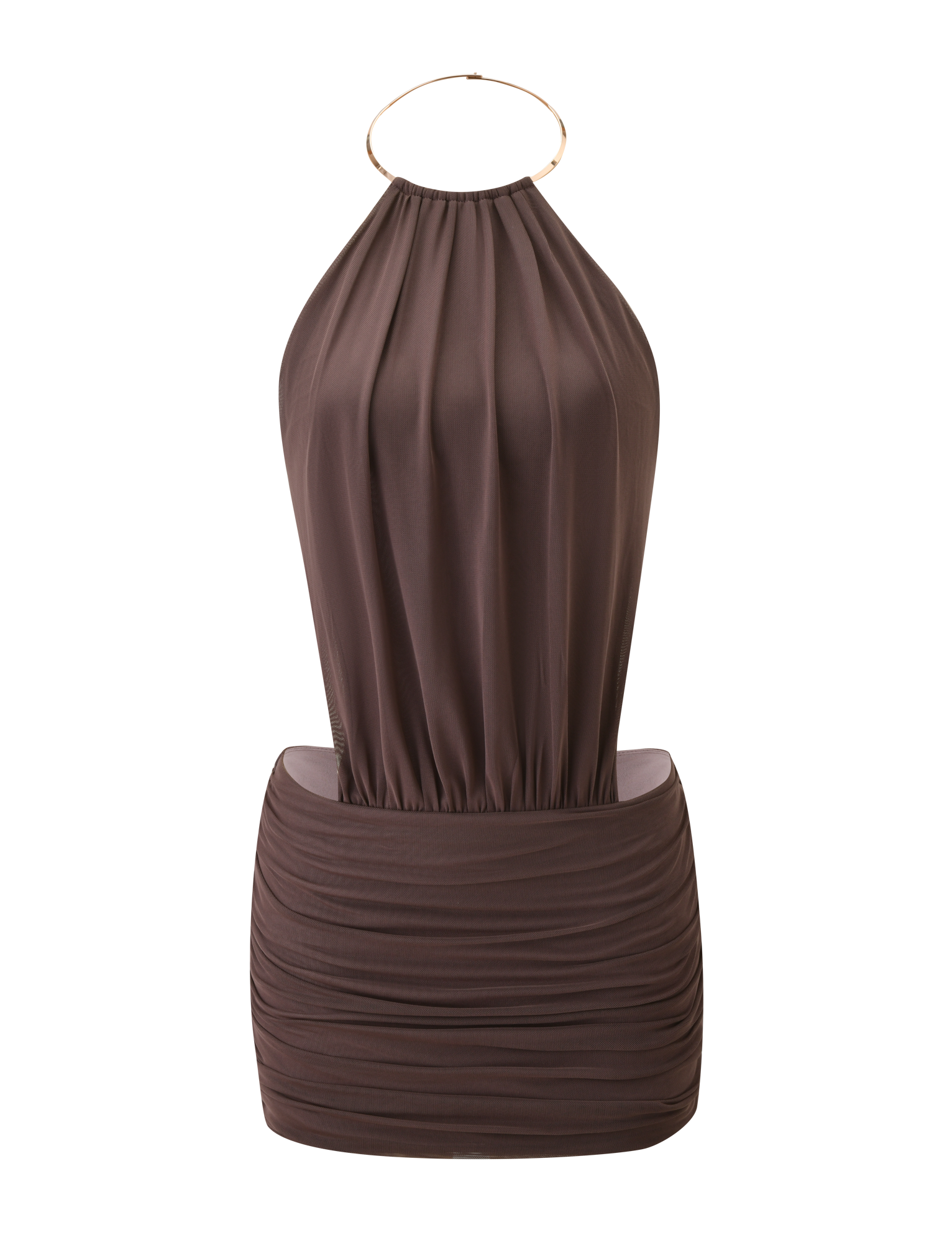 The TIGERMIST EVANNA MINI DRESS - MOCHA is a sleeveless, dark brown mini dress featuring a ruched skirt, gathered bodice, high neck halter neckline, and gold hoop detail at the neck, shown on a plain white background.