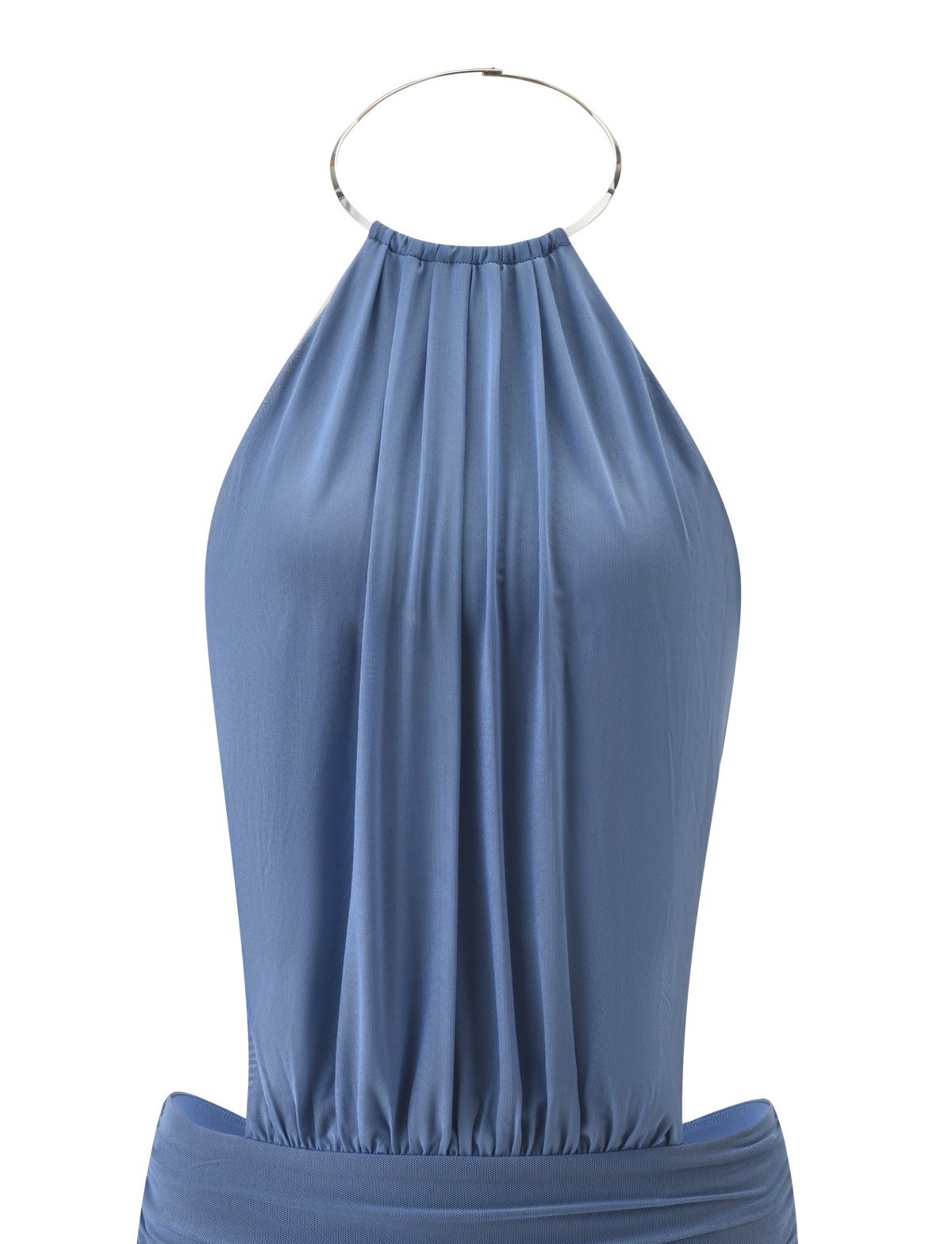 The TIGERMIST EVANNA MINI DRESS in slate blue is a sleeveless dress with a gathered neckline held by a thin metallic hoop and an open back, shown against a white background.