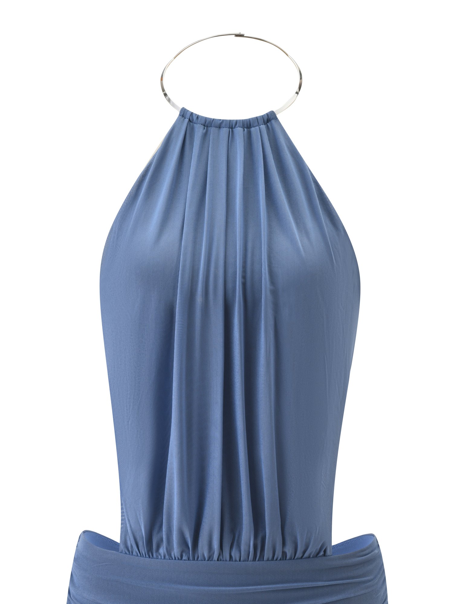The TIGERMIST EVANNA MINI DRESS in slate blue is a sleeveless dress with a gathered neckline held by a thin metallic hoop and an open back, shown against a white background.