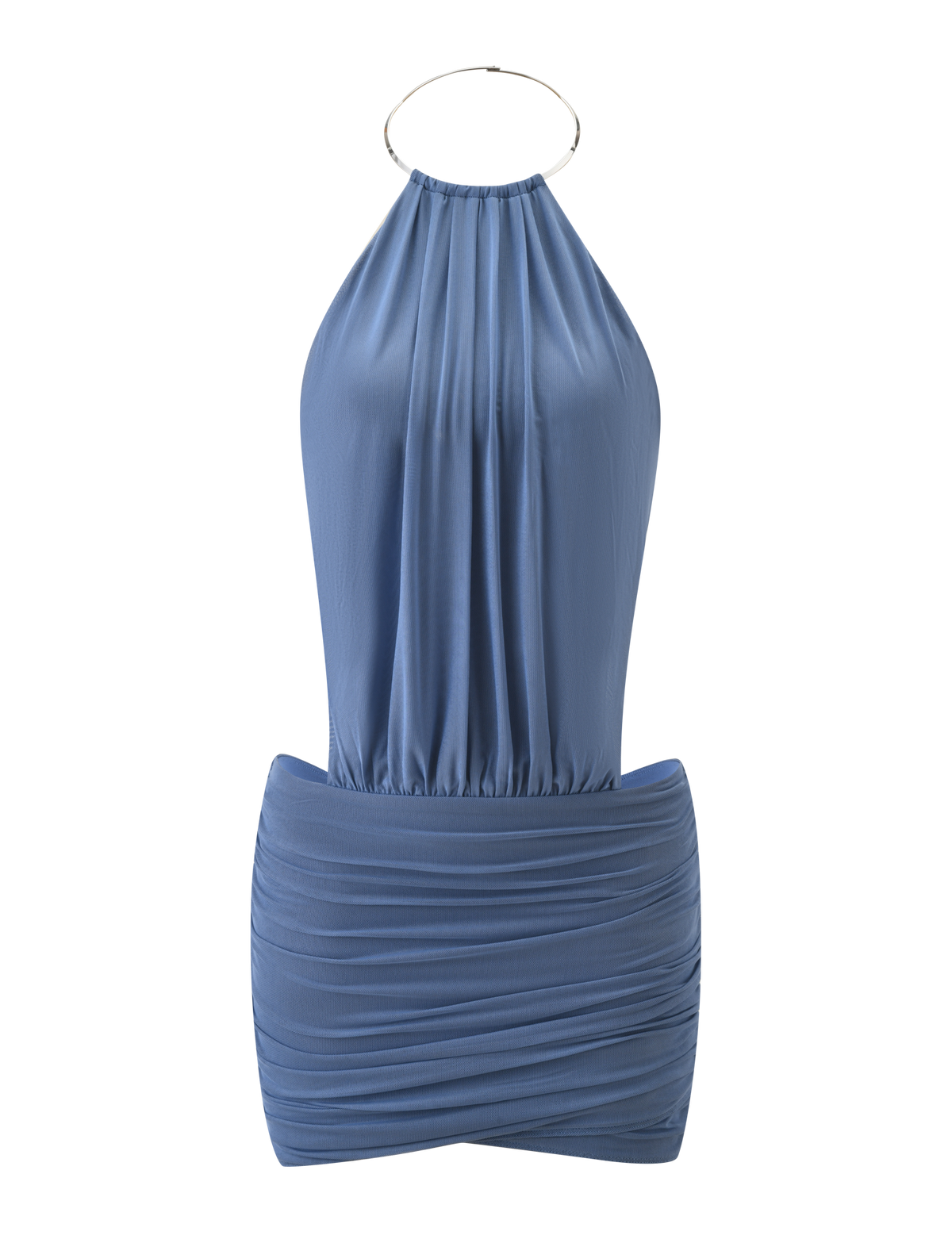 The TIGERMIST EVANNA MINI DRESS in slate blue features a sleeveless design, metallic choker collar, gathered bodice, and ruched fitted skirt. This high neck mini dress is shown against a plain white background.