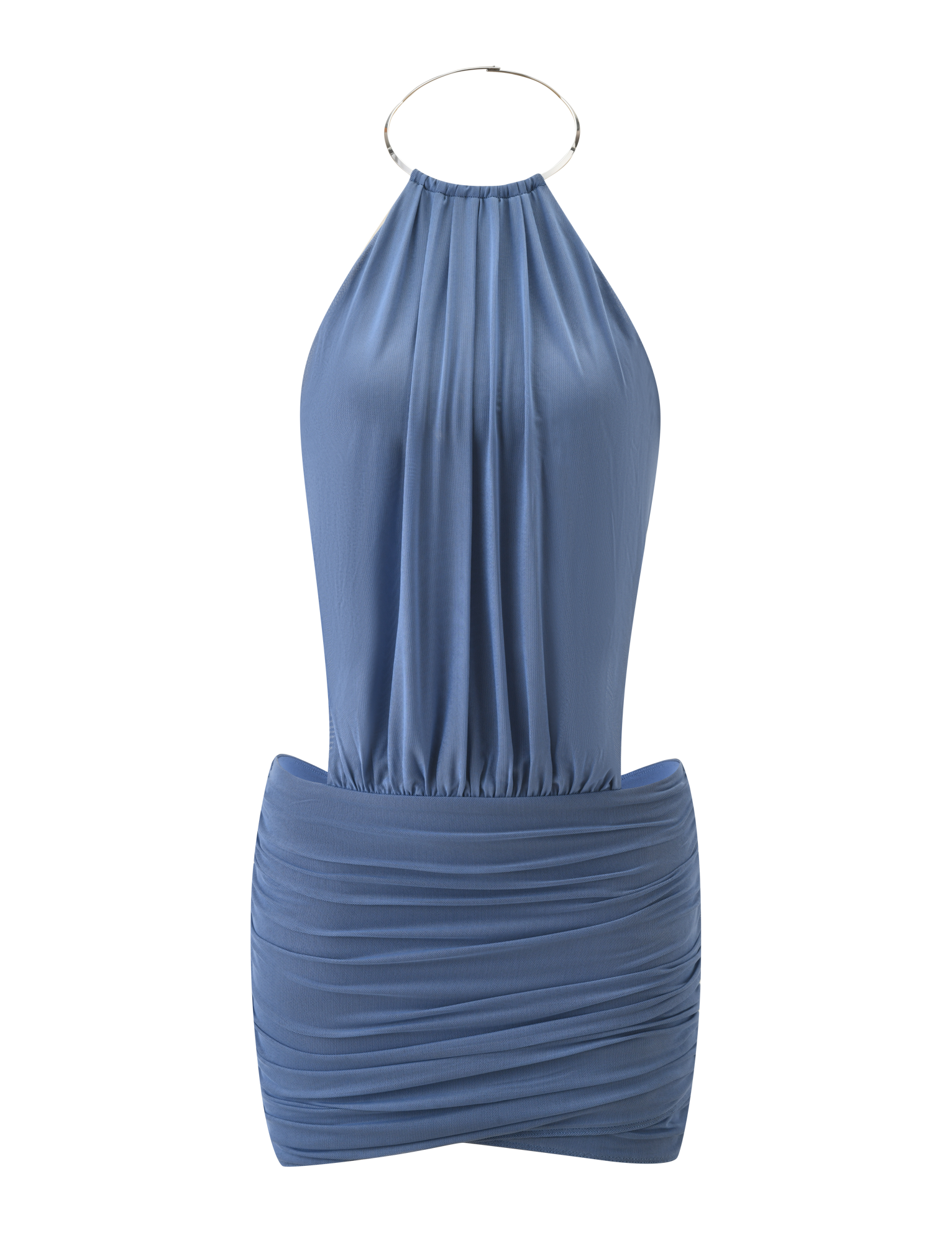 The TIGERMIST EVANNA MINI DRESS in slate blue features a sleeveless design, metallic choker collar, gathered bodice, and ruched fitted skirt. This high neck mini dress is shown against a plain white background.