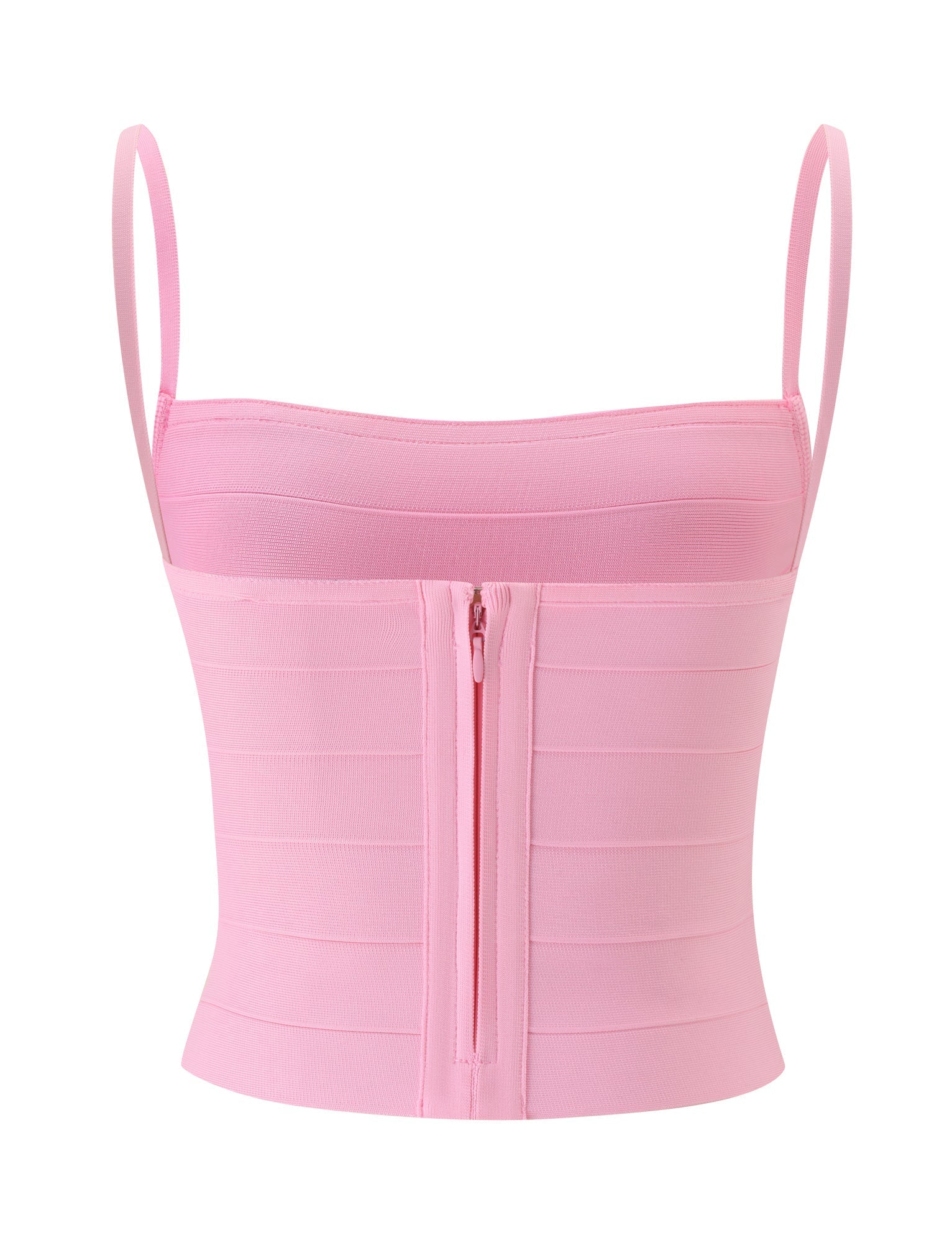 The MIDORI BANDAGE TOP by TIGERMIST is a baby pink, bodycon-fit top featuring thin straps and a vertical center-front zipper, showcased against a white background.