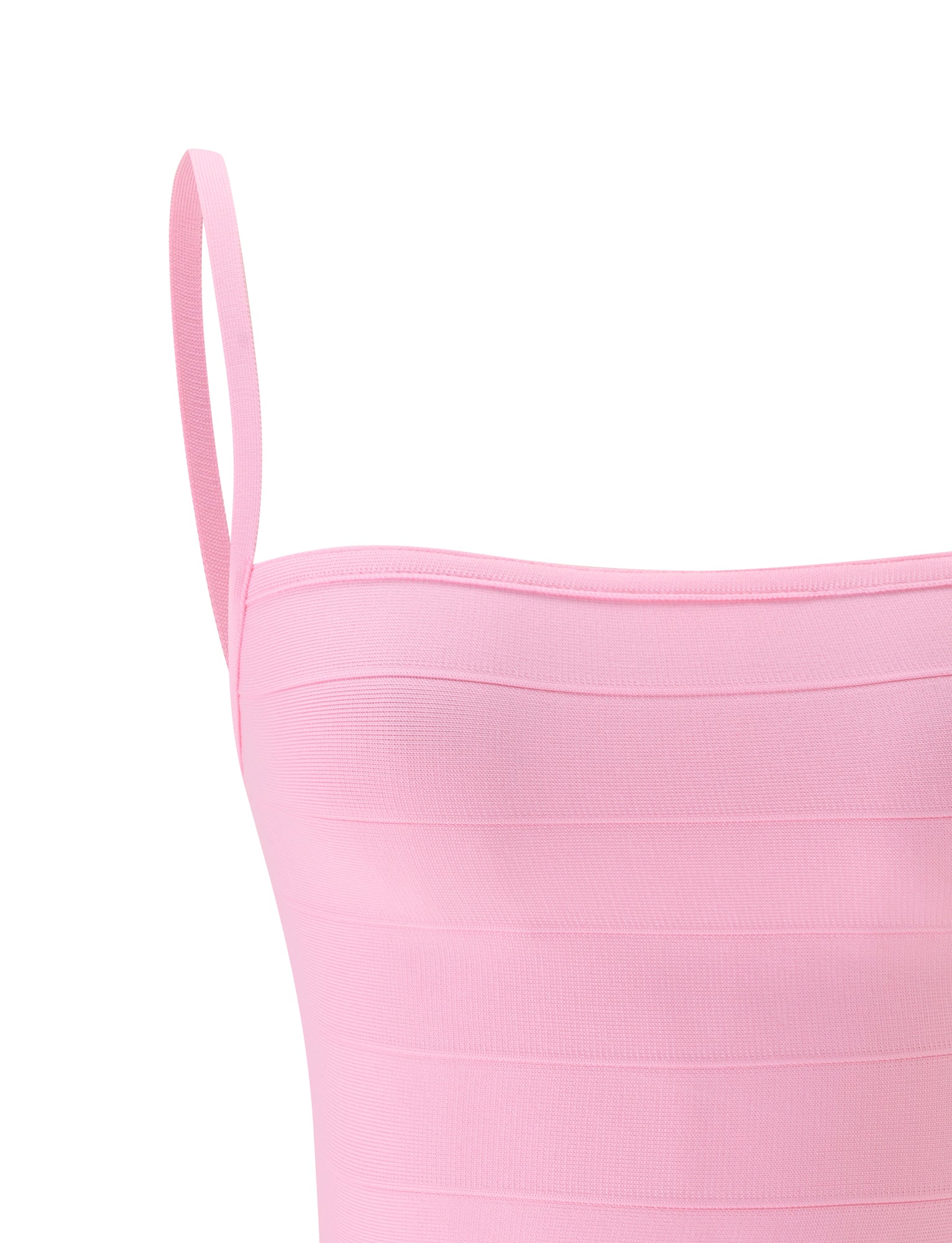 Close-up of the MIDORI BANDAGE TOP by TIGERMIST in baby pink, featuring a sleeveless, fitted design with thin shoulder straps and a horizontal ribbed texture that highlights its flattering bodycon fit.
