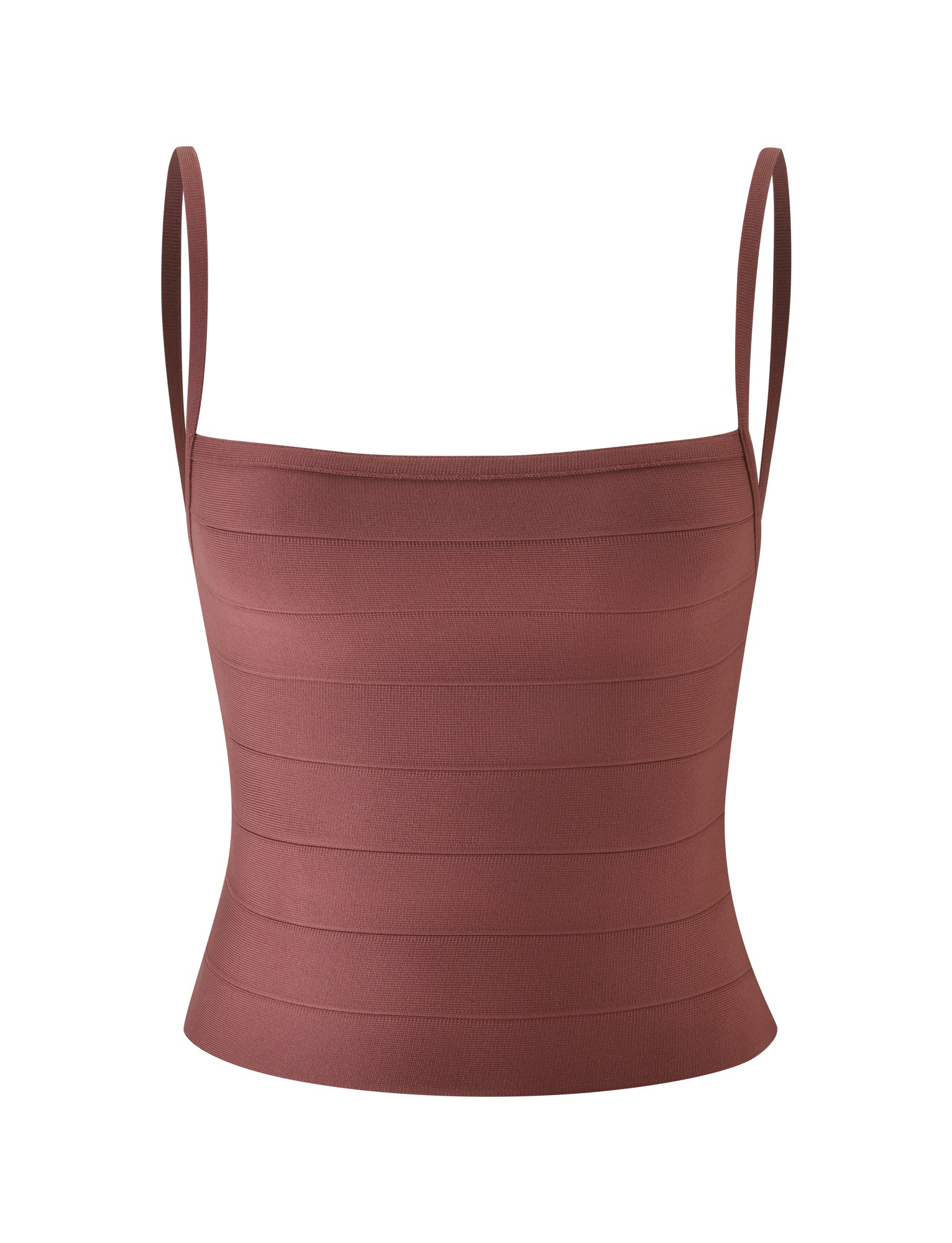 The TIGERMIST MIDORI BANDAGE TOP in Cocoa is a sleeveless, fitted bandage tank top featuring thin spaghetti straps and horizontal seam detailing. Made from a stretchy, smooth fabric for a flattering, waist-cinching effect, this top is showcased against a plain white background.