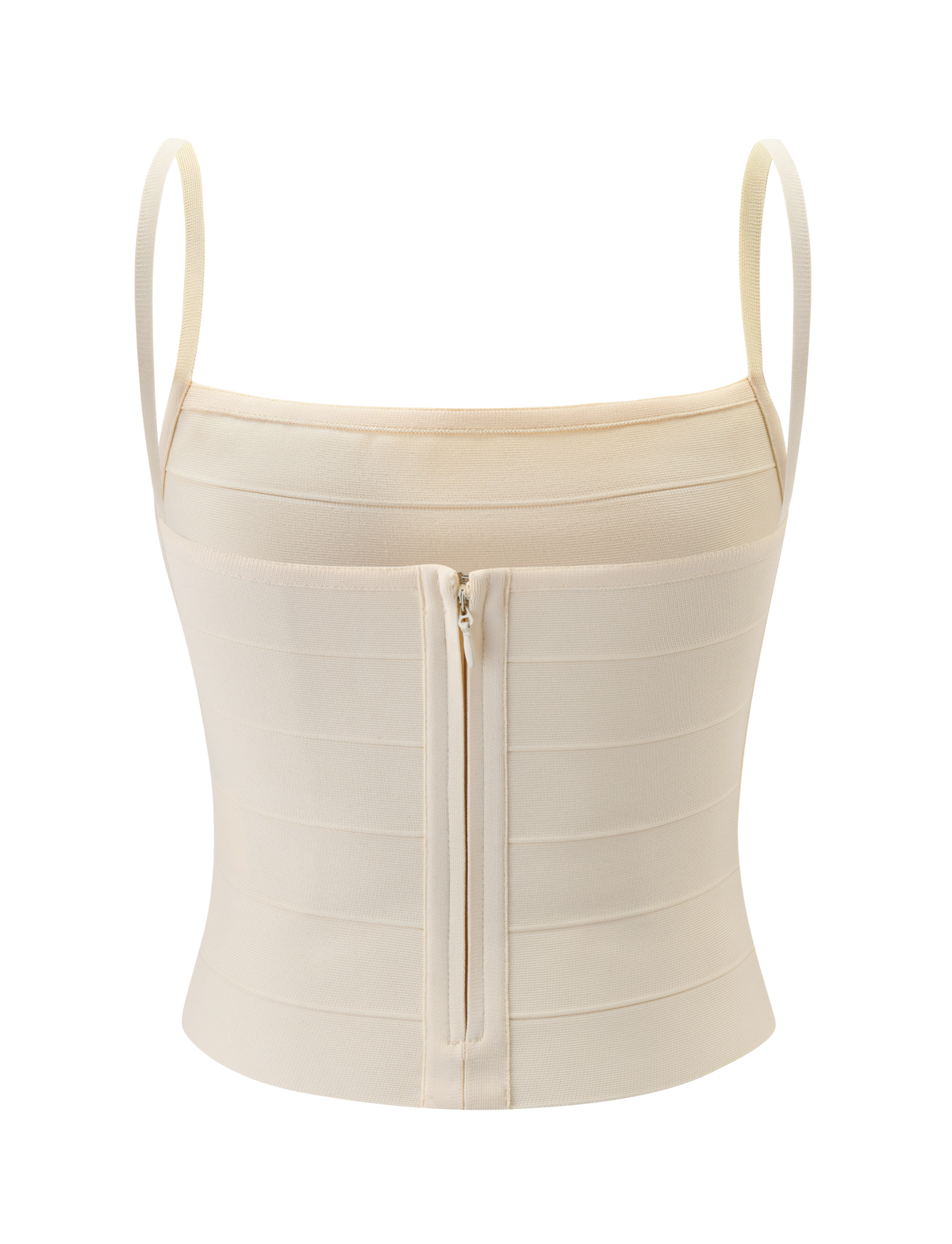 The TIGERMIST MIDORI BANDAGE TOP in cream is a fitted crop top with thin shoulder straps and a vertical back zipper, shown against a plain white background.