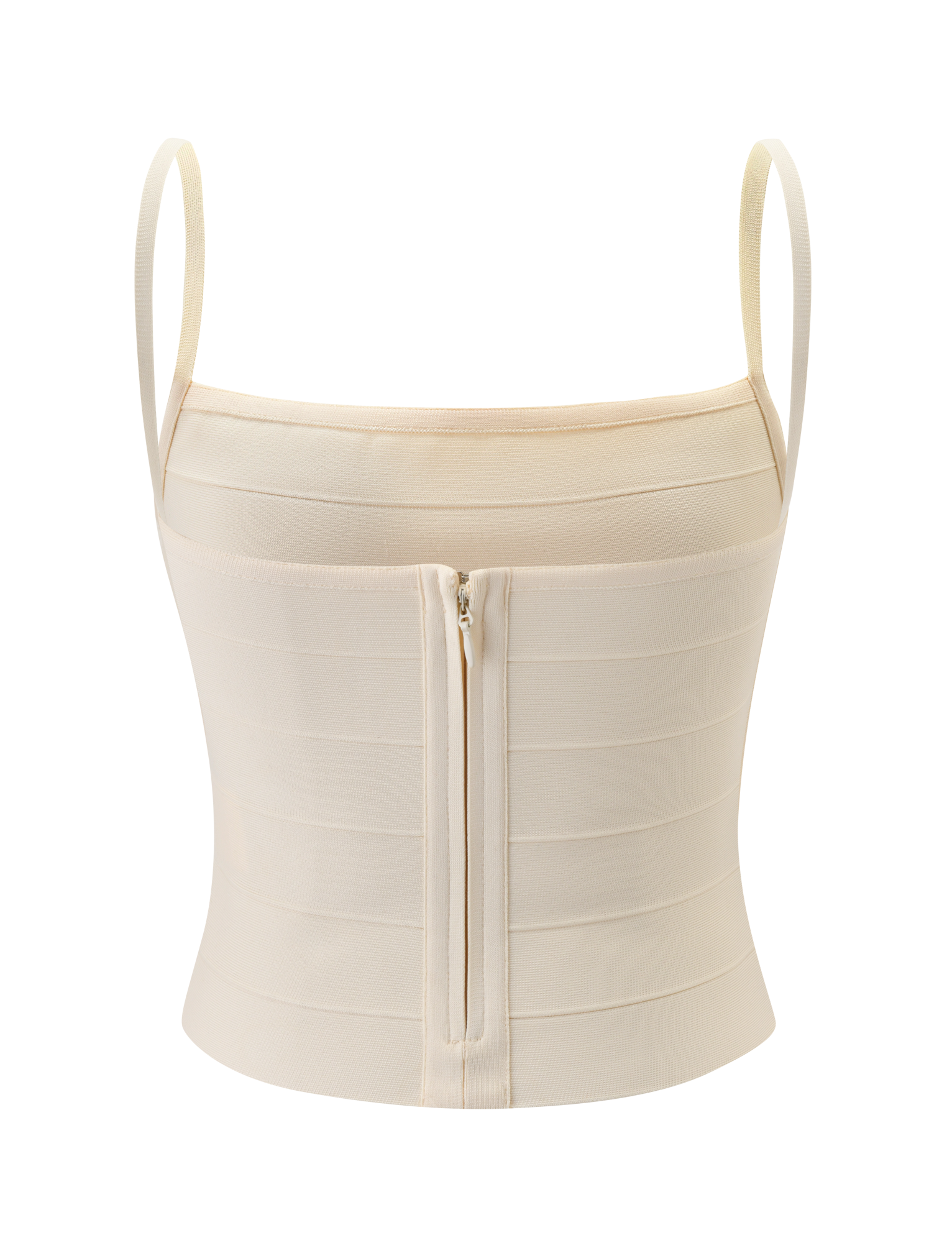 The TIGERMIST MIDORI BANDAGE TOP in cream is a fitted crop top with thin shoulder straps and a vertical back zipper, shown against a plain white background.
