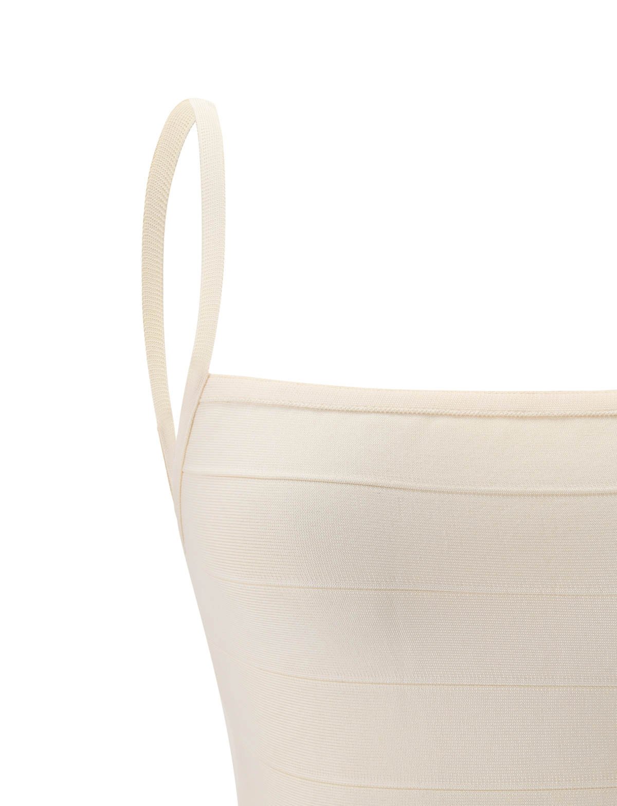 Close-up of the TIGERMIST MIDORI BANDAGE TOP in cream, showcasing a square neckline, thin spaghetti straps, and horizontal banded details for a sculpted waist effect against a plain white background.