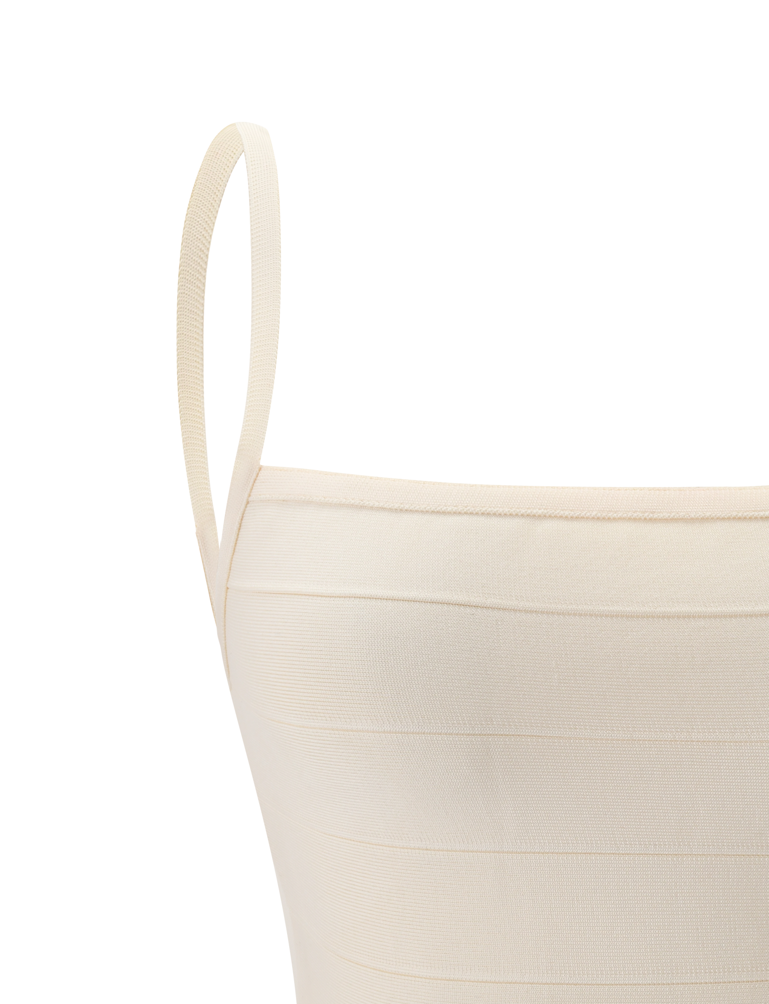 Close-up of the TIGERMIST MIDORI BANDAGE TOP in cream, showcasing a square neckline, thin spaghetti straps, and horizontal banded details for a sculpted waist effect against a plain white background.