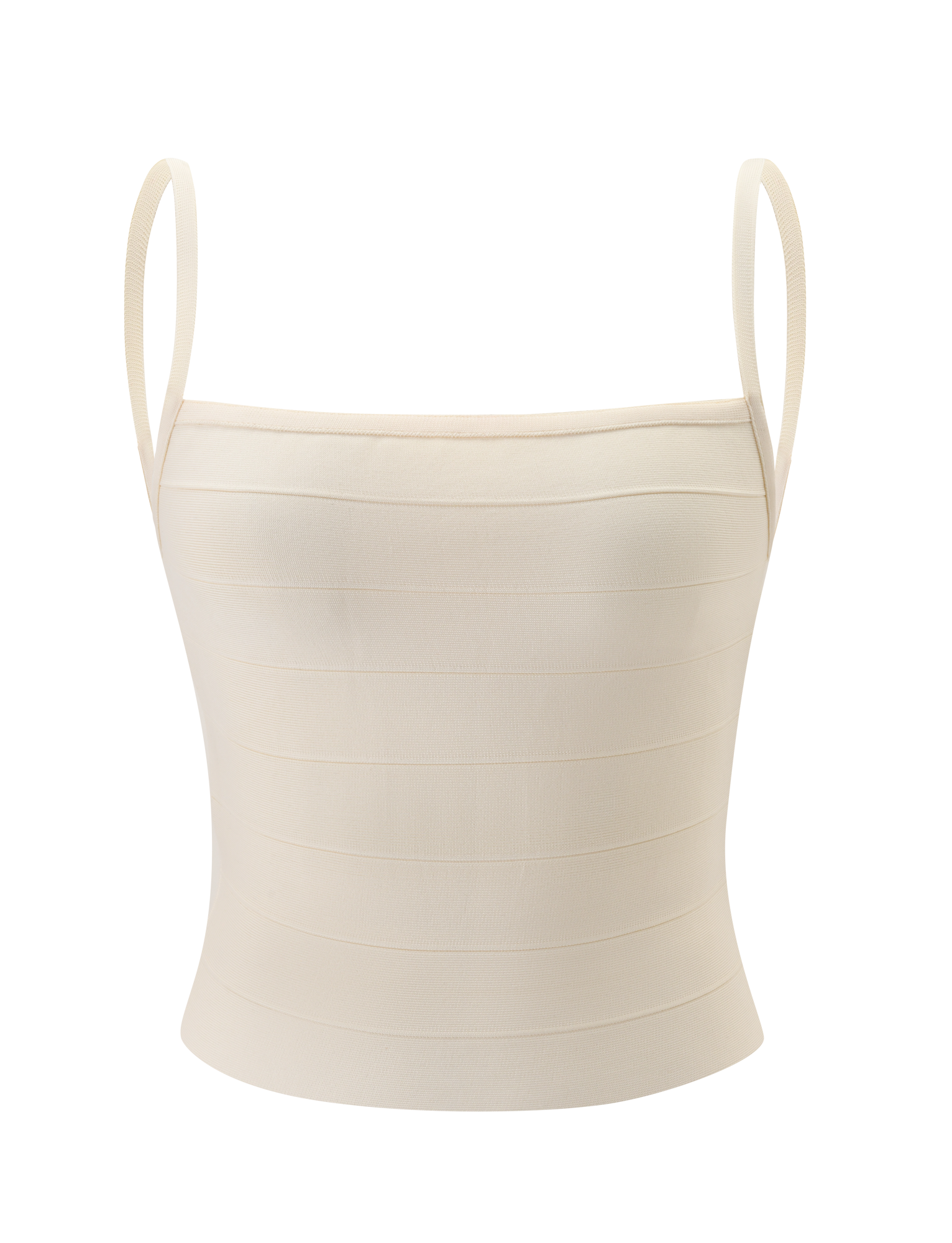 The MIDORI BANDAGE TOP by TIGERMIST is a cream, fitted, sleeveless top featuring thin straps and a seamless design, shown against a plain white background.