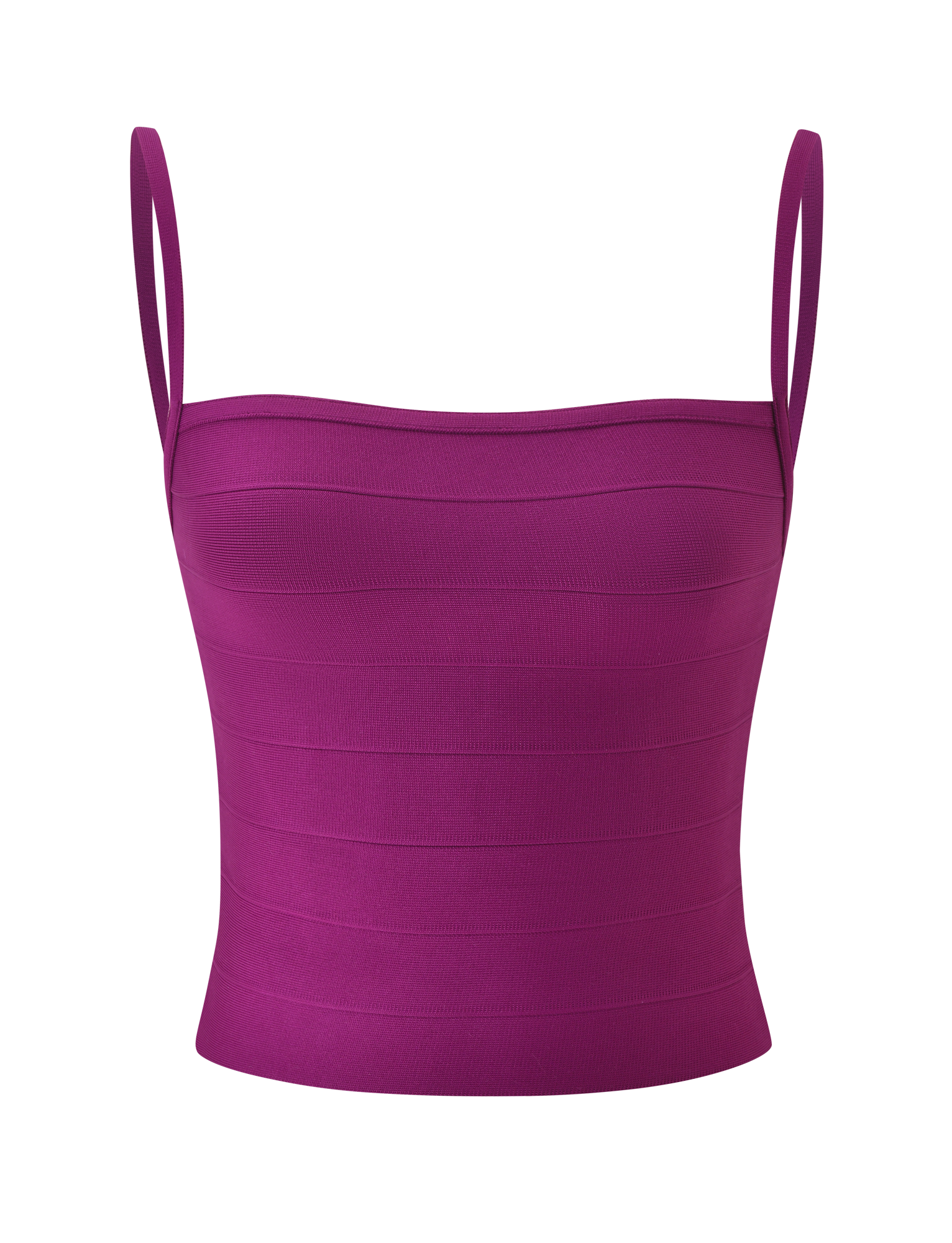 The MIDORI BANDAGE TOP - PLUM by TIGERMIST is a fitted, sleeveless crop top in magenta featuring a square neckline, thin shoulder straps, and horizontal ribbed detailing, showcased on a white background.