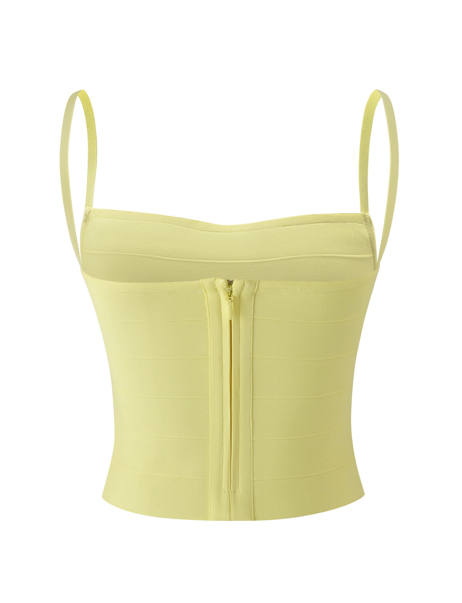 The TIGERMIST MIDORI BANDAGE TOP in yellow features a square neckline, thin straps, visible back zipper, and waist-cinching fit, shown against a white background.