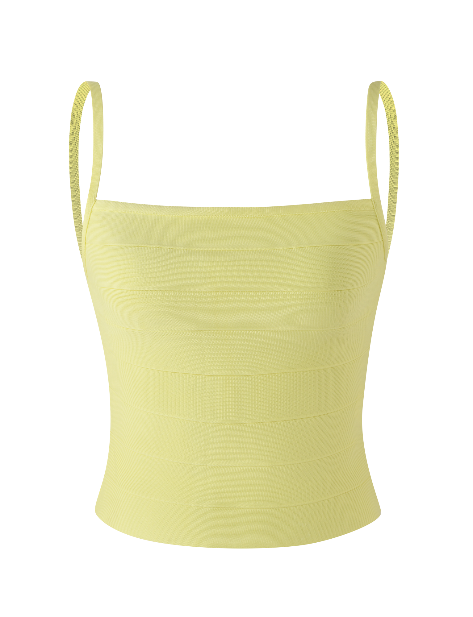 The MIDORI BANDAGE TOP - YELLOW by TIGERMIST is a light yellow, sleeveless top with thin straps, a waist-cinching fit, horizontal ribbed pattern, and square neckline, shown against a plain white background.
