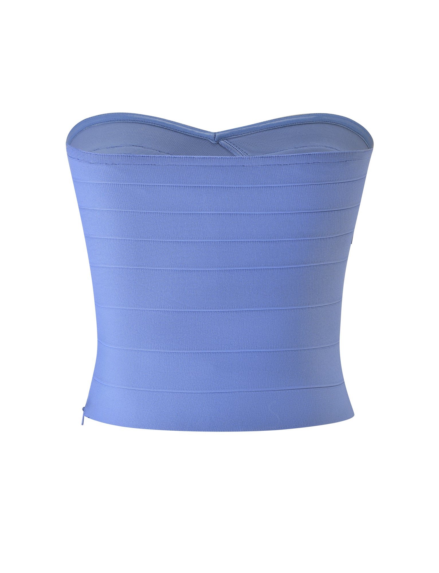 The NIYA BANDAGE TOP in Cornflower Blue by TIGERMIST is a strapless, fitted corset top featuring a subtle sweetheart neckline, showcased against a plain white background.