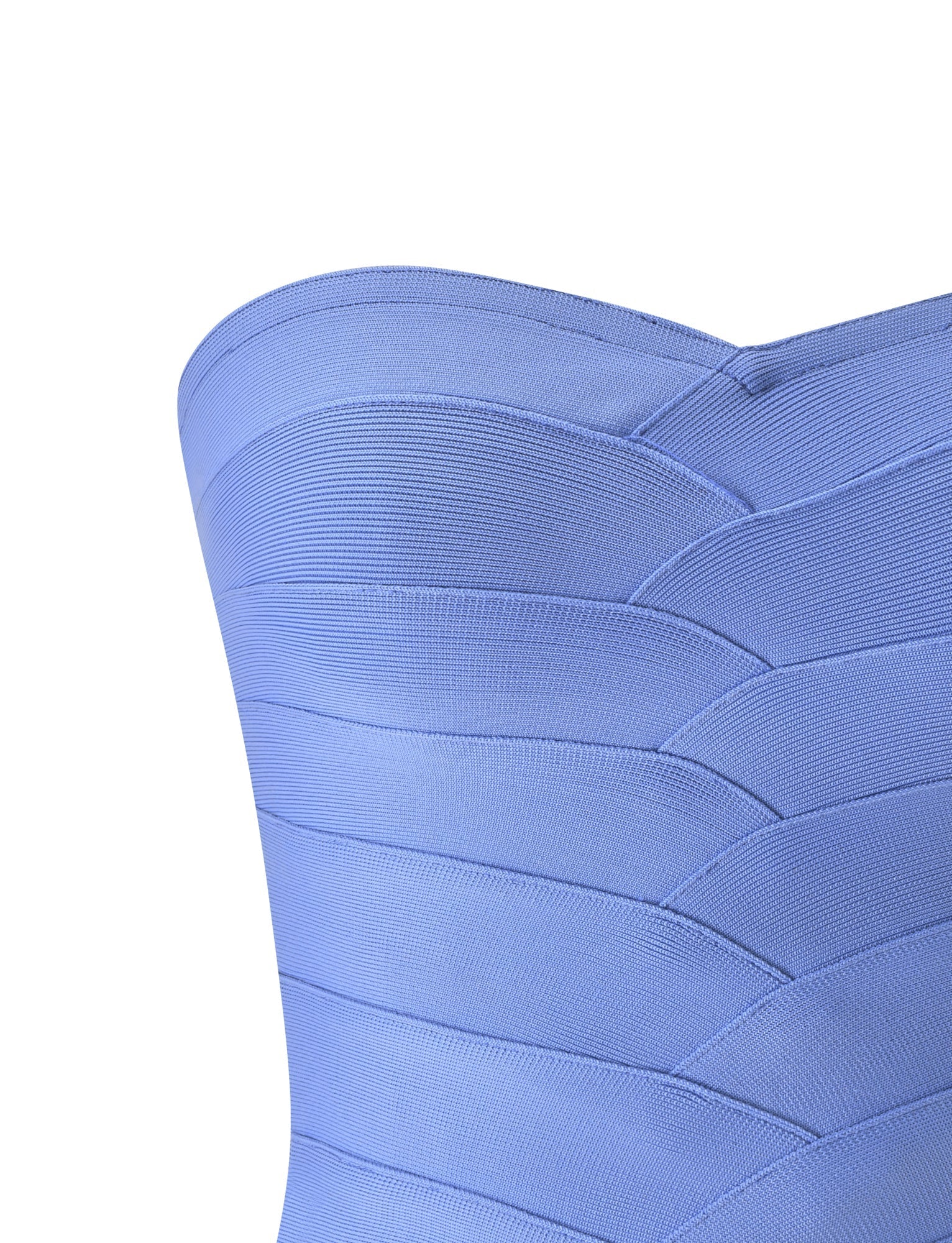 Close-up of the NIYA BANDAGE TOP in Cornflower Blue by TIGERMIST, featuring a strapless, textured design with a layered geometric pattern. The structured fabric is showcased in the image, which focuses on the upper bodice area and highlights the subtle sweetheart neckline that enhances its elegant silhouette.