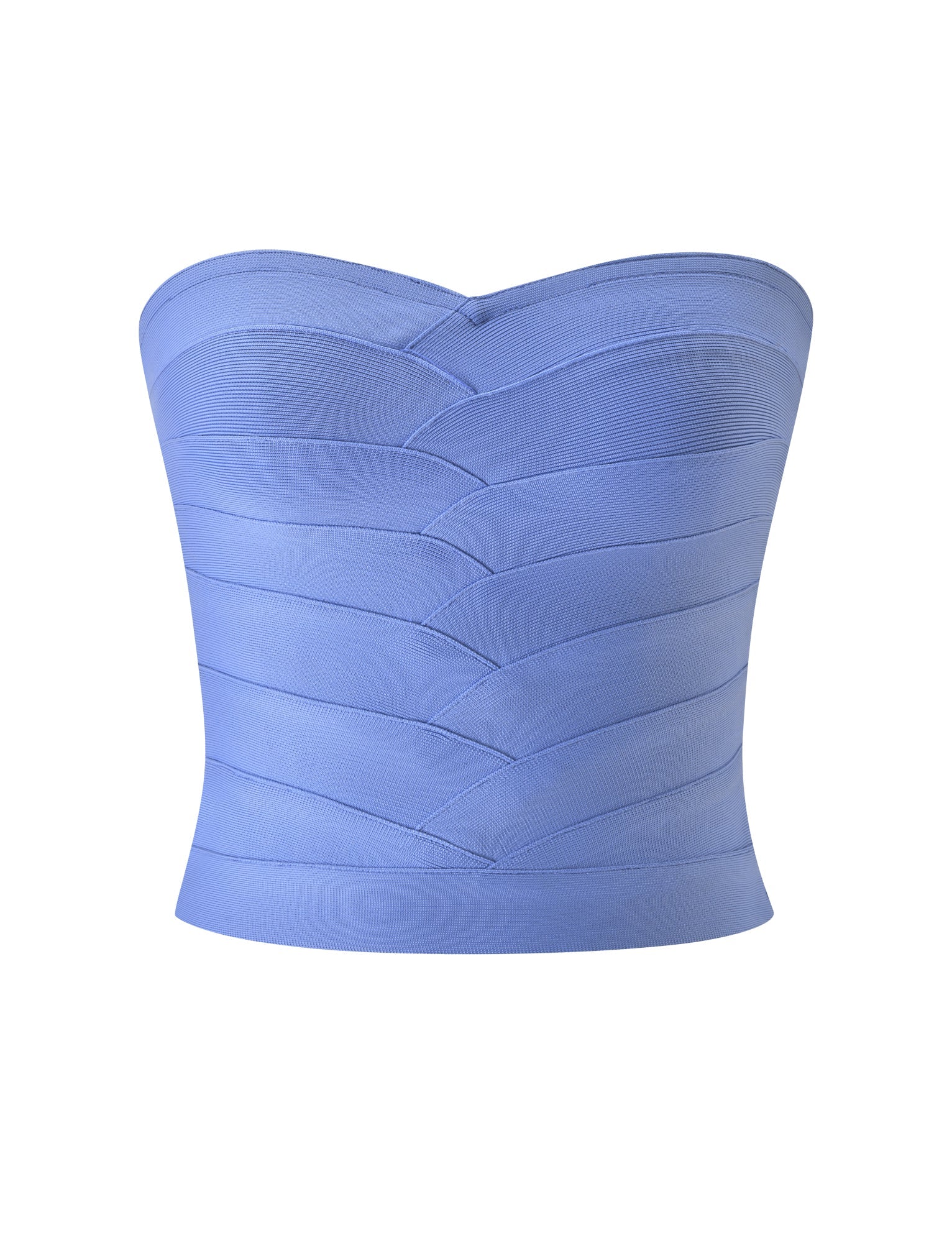 The NIYA BANDAGE TOP by TIGERMIST is a strapless, fitted cornflower blue bustier featuring a sweetheart neckline, subtle geometric stripe detailing, and a structured, layered fabric design.