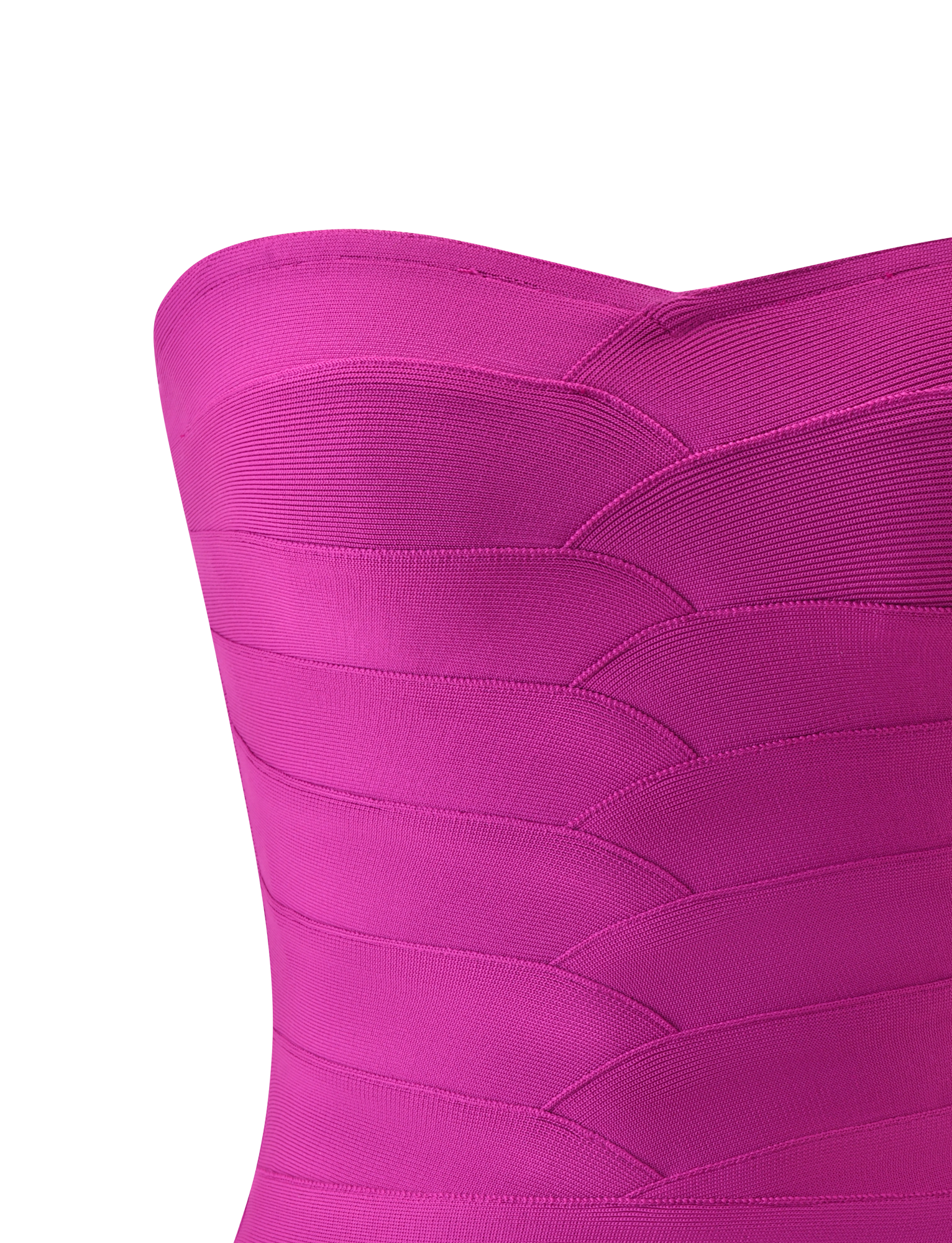 Close-up of the TIGERMIST NIYA BANDAGE TOP in magenta, a strapless, fitted top with a sweetheart neckline and layered, textured fabric featuring diagonal curved lines. Shown against a plain white background.