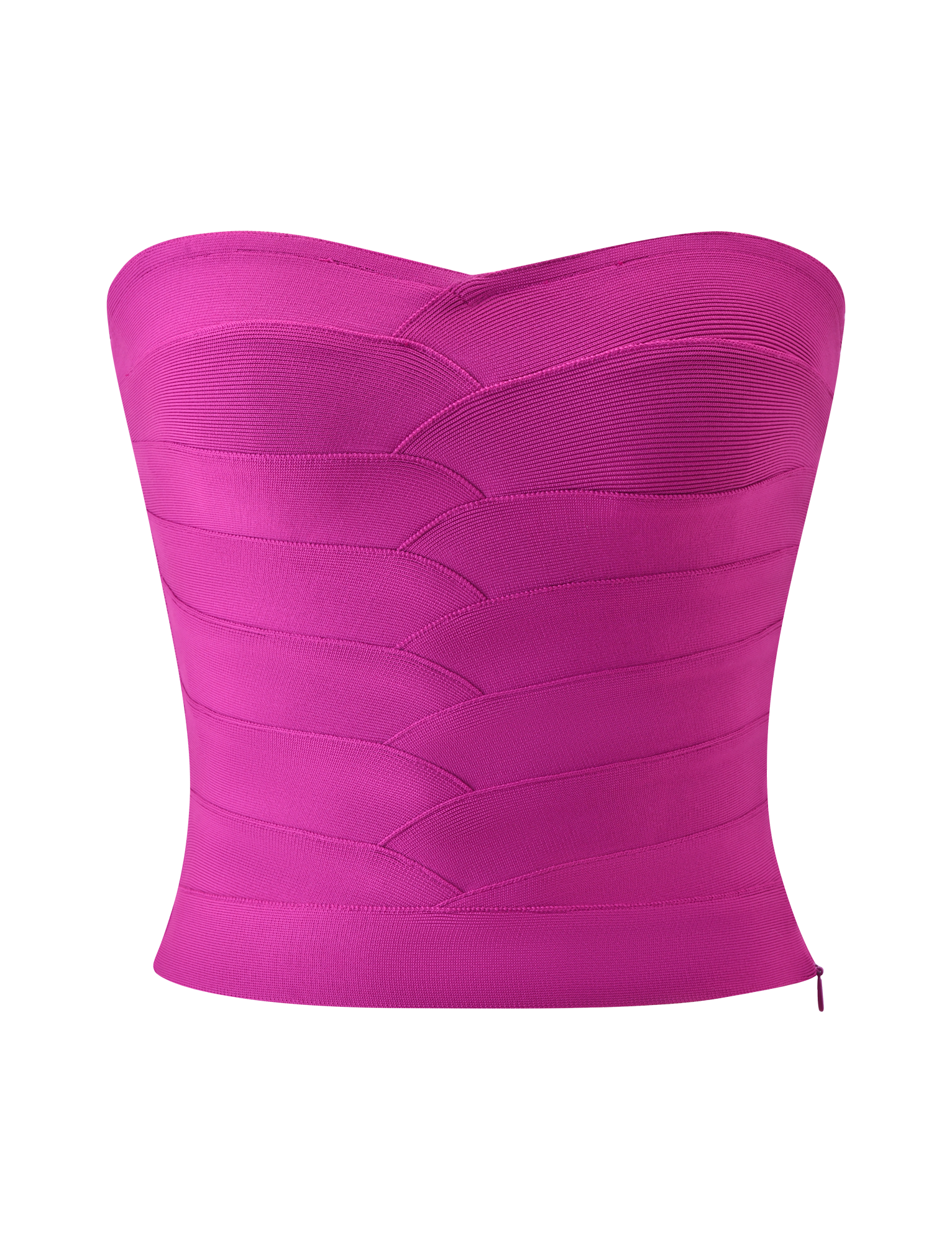 The NIYA BANDAGE TOP by TIGERMIST in vibrant magenta features a strapless bandage corset design with textured geometric paneling and a subtle sweetheart neckline, shown against a plain white background.