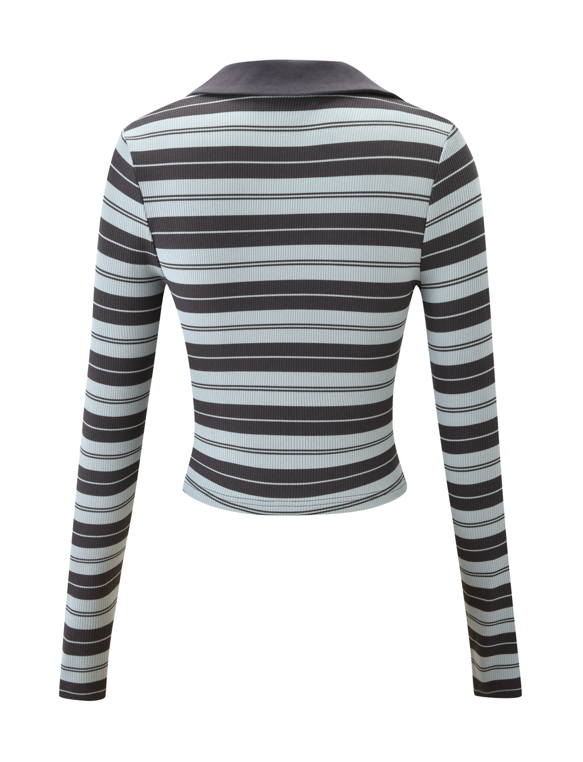 The TIGERMIST KAYDIN LONG SLEEVE TOP - BLUE STRIPE is a collared shirt with horizontal black and light blue stripes, ribbed knit texture, and modern design, shown from the back against a white background.