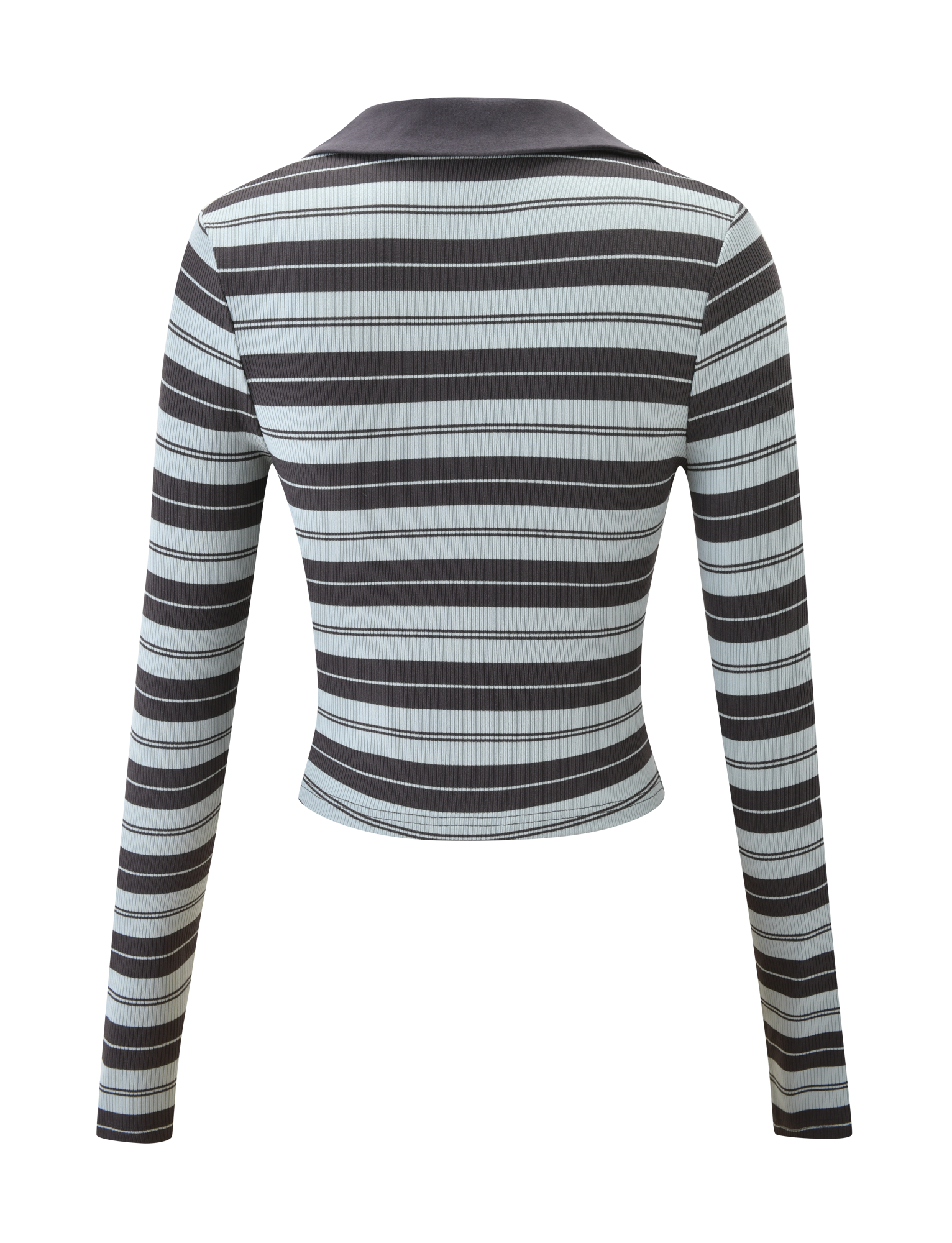 The TIGERMIST KAYDIN LONG SLEEVE TOP - BLUE STRIPE is a collared shirt with horizontal black and light blue stripes, ribbed knit texture, and modern design, shown from the back against a white background.