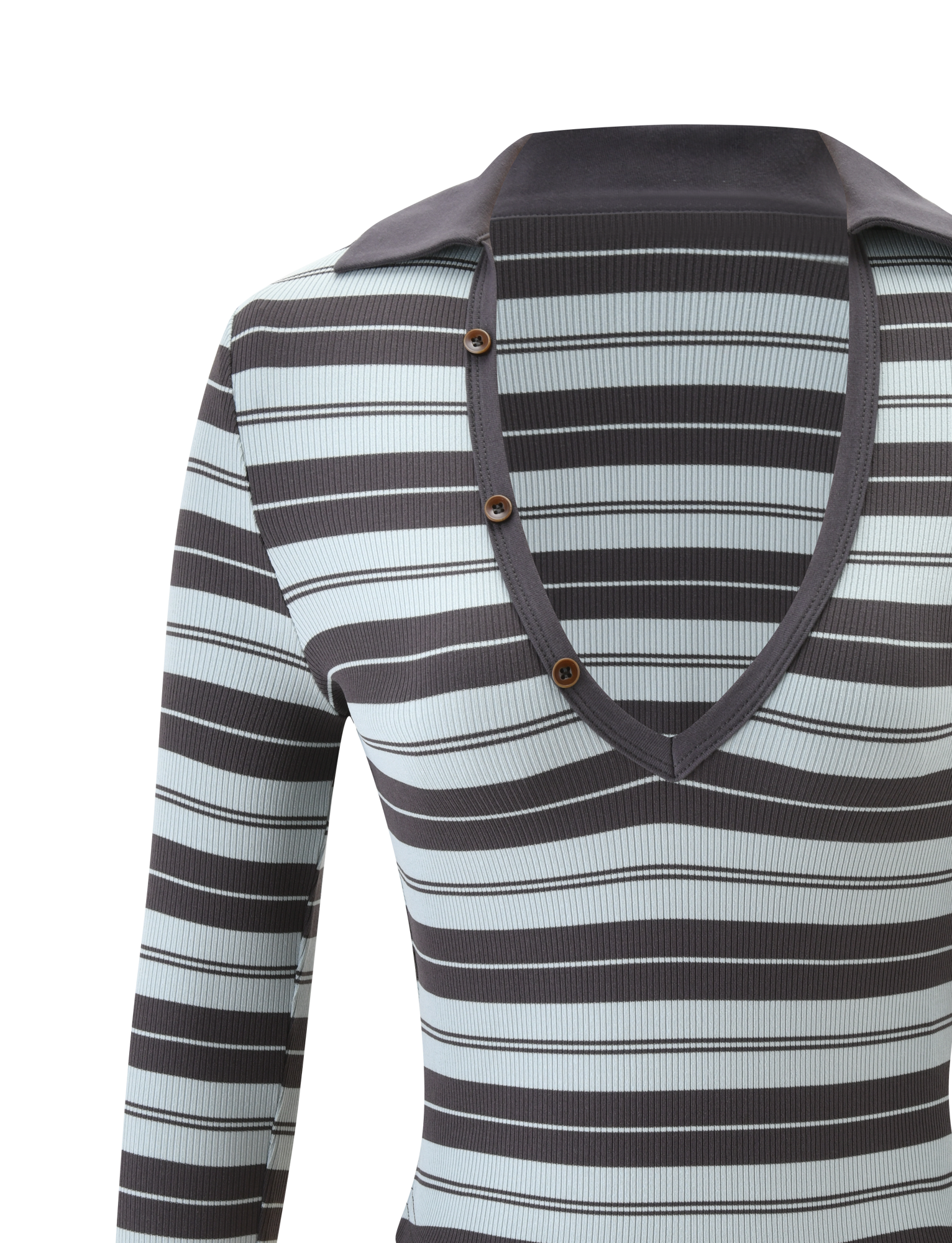 Close-up of the KAYDIN LONG SLEEVE TOP - BLUE STRIPE by TIGERMIST, a long sleeve shirt with horizontal black and blue stripes, deep V-neckline, three brown buttons on a partial placket, and a dark gray collar.