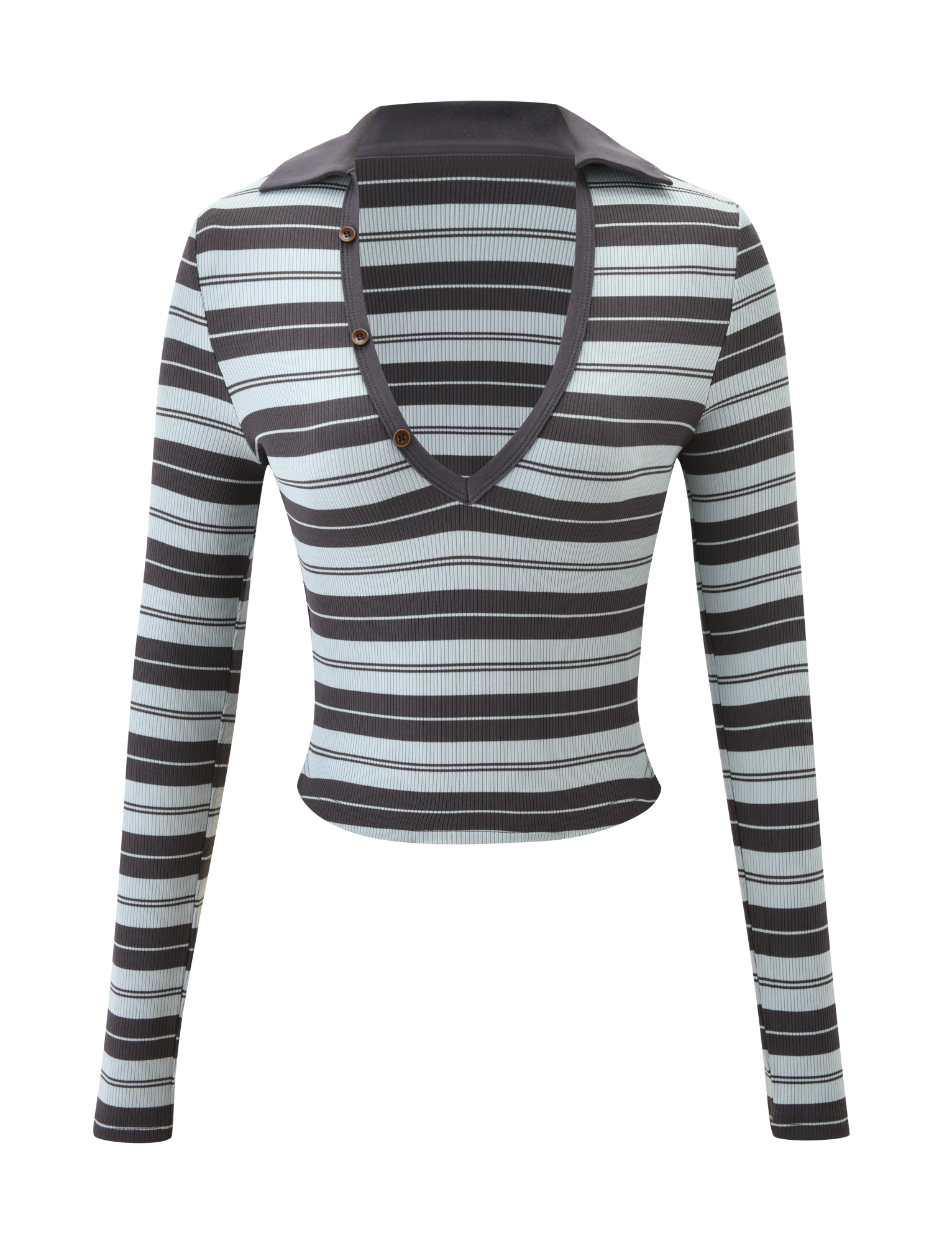 The KAYDIN LONG SLEEVE TOP - BLUE STRIPE by TIGERMIST features horizontal black and blue stripes, a deep V-neckline, pointed collar, long sleeves, and stylish side buttons.