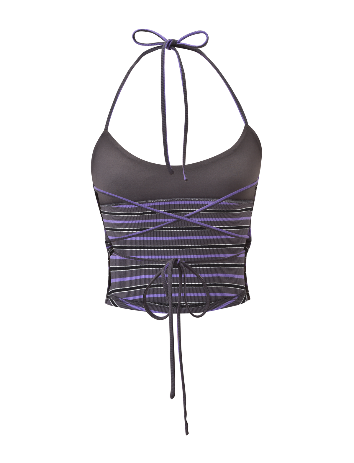 The CERYS RIB TOP by TIGERMIST is a sleeveless, cropped grey ribbed halter with purple and white stripes, an open back, thin straps that tie at the neck, cross the front, and end with a bow at the waist.
