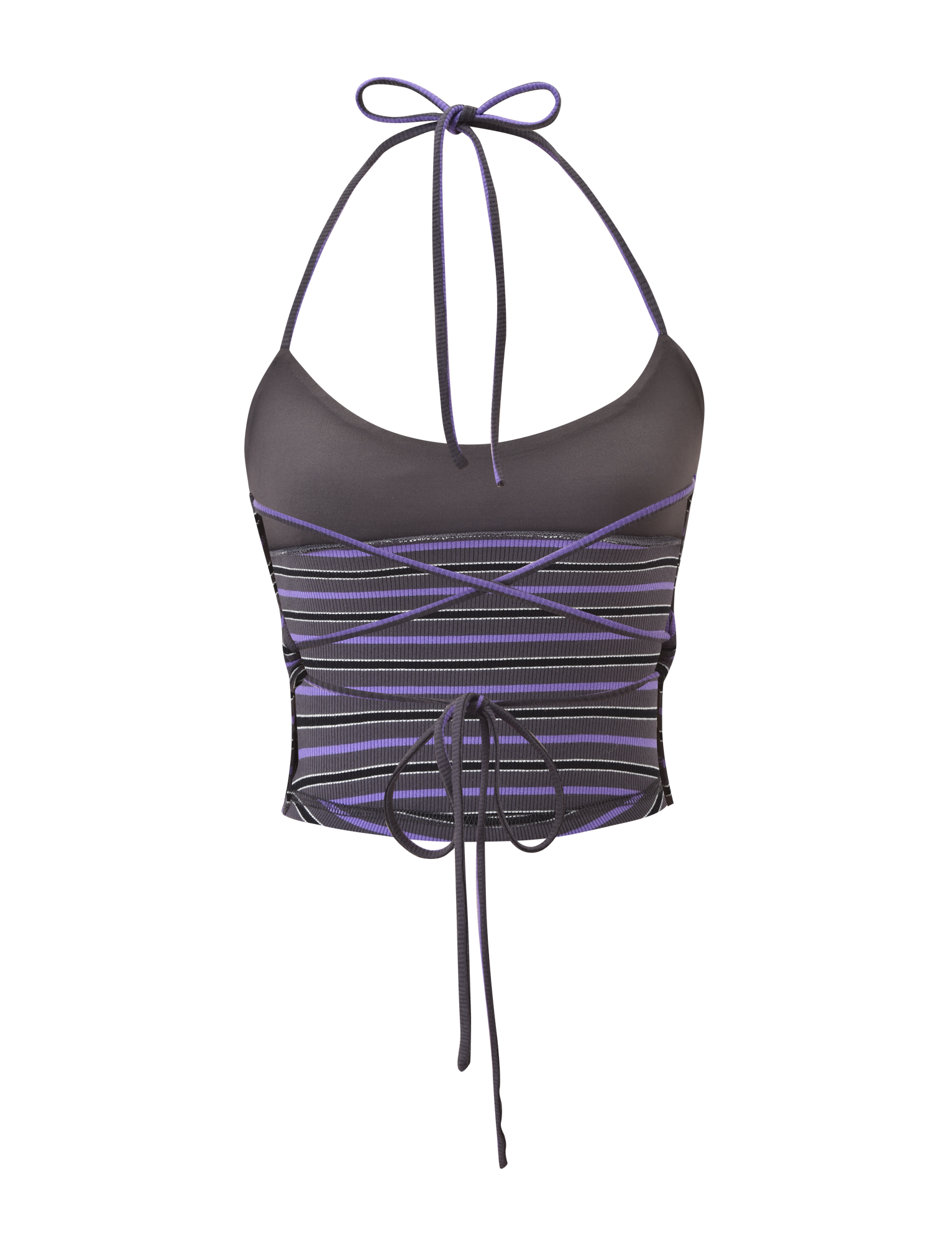 The CERYS RIB TOP by TIGERMIST is a sleeveless, cropped grey ribbed halter with purple and white stripes, an open back, thin straps that tie at the neck, cross the front, and end with a bow at the waist.