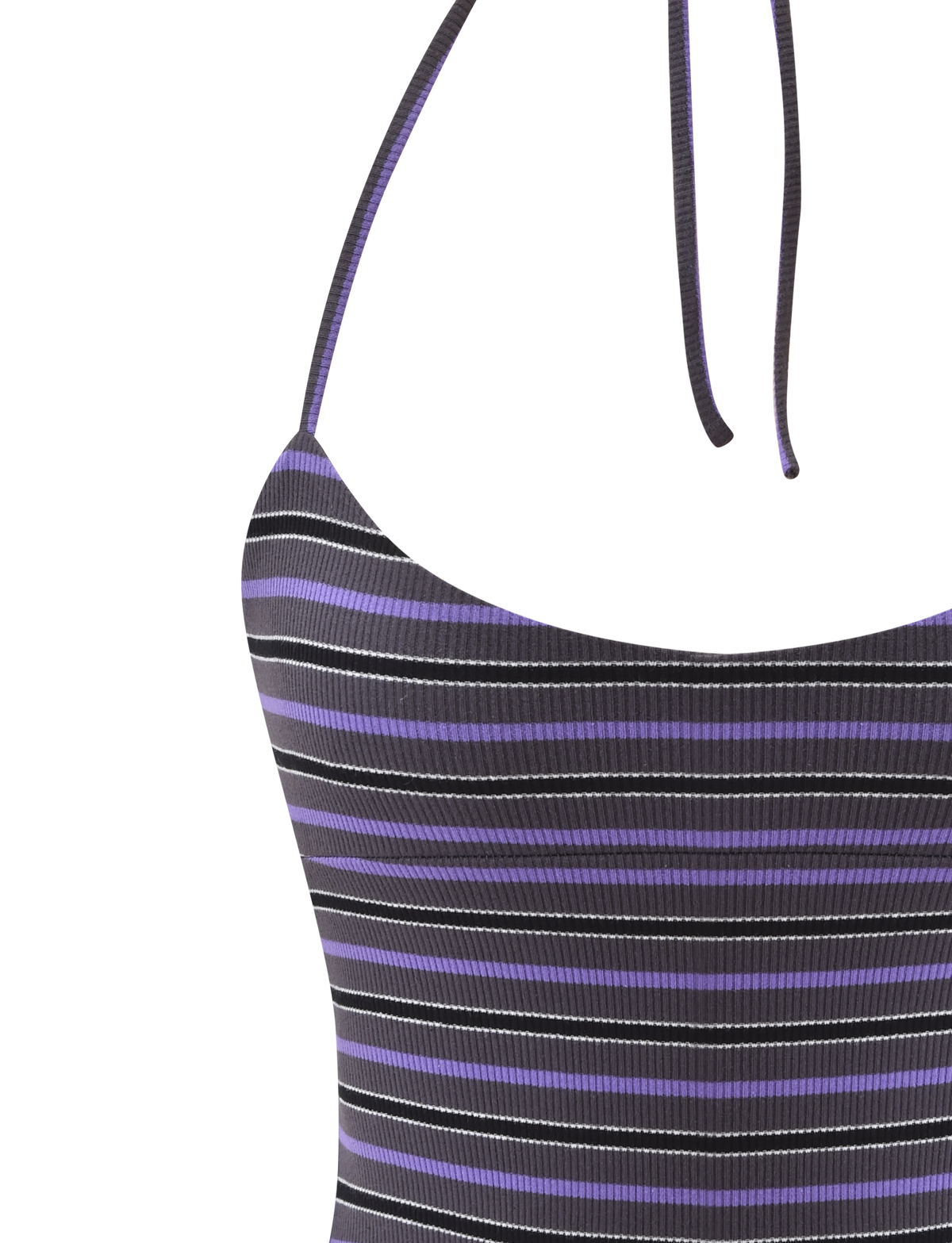 Close-up of the TIGERMIST CERYS RIB TOP - GREY STRIPE, featuring thin shoulder straps and black, purple, and gray horizontal stripes on ribbed knit fabric.