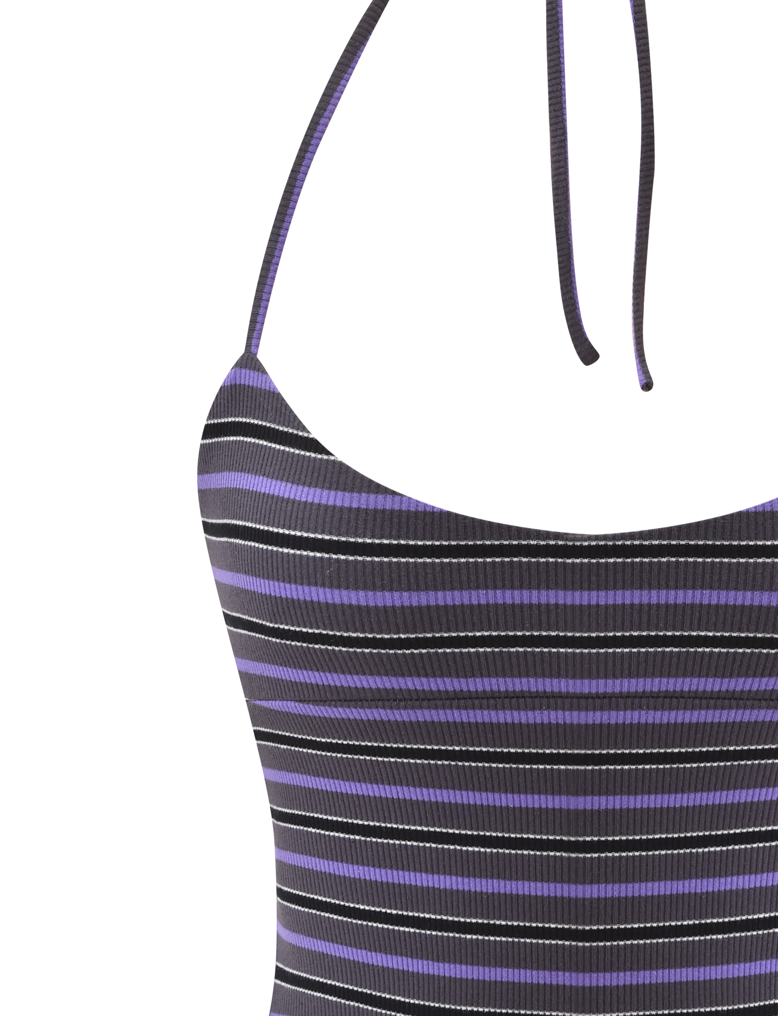 Close-up of the TIGERMIST CERYS RIB TOP - GREY STRIPE, featuring thin shoulder straps and black, purple, and gray horizontal stripes on ribbed knit fabric.