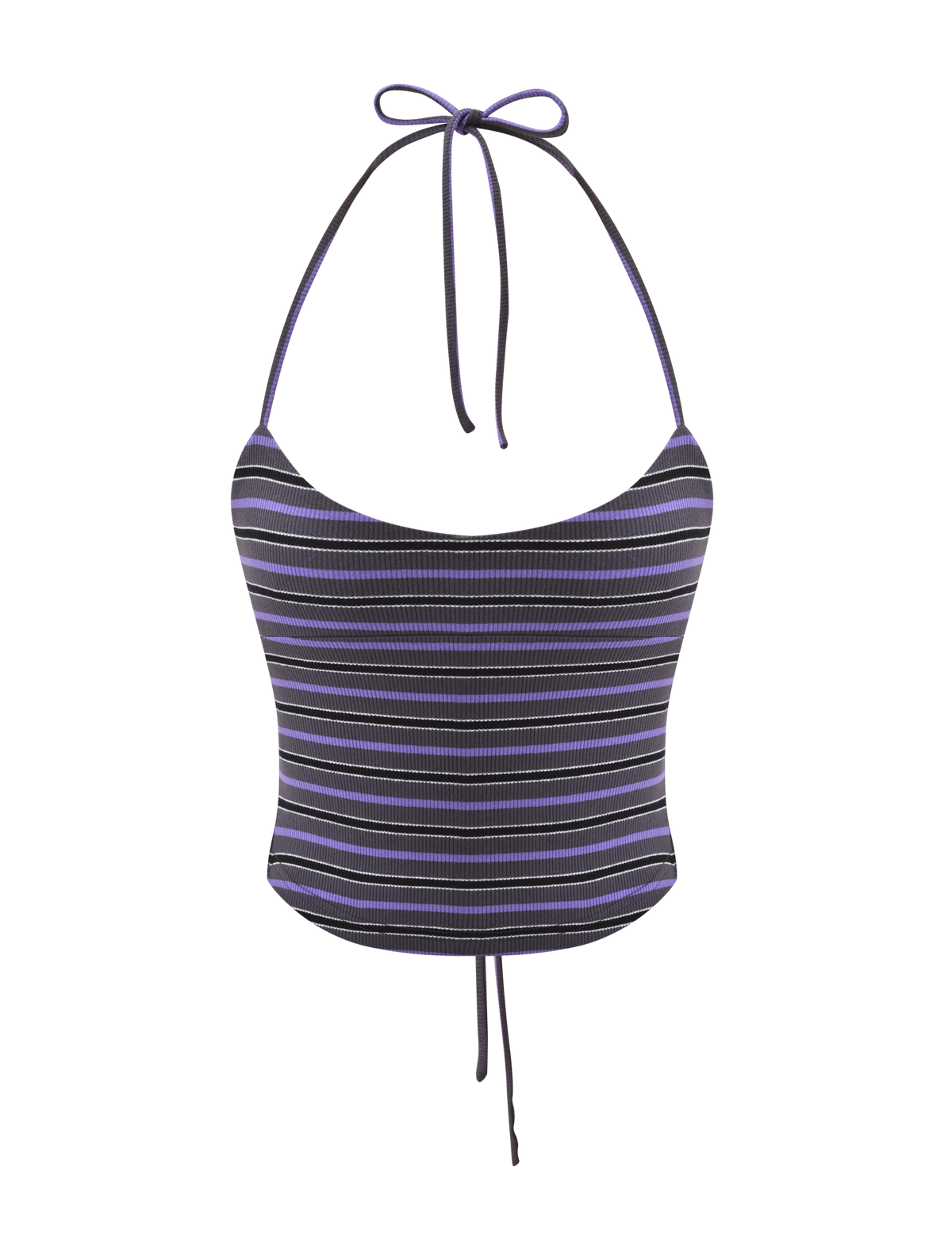 The TIGERMIST CERYS RIB TOP - GREY STRIPE is a cropped, sleeveless halter neck with thin tie straps, ribbed knit fabric, grey striped pattern, and a drawstring tie at the bottom hem.