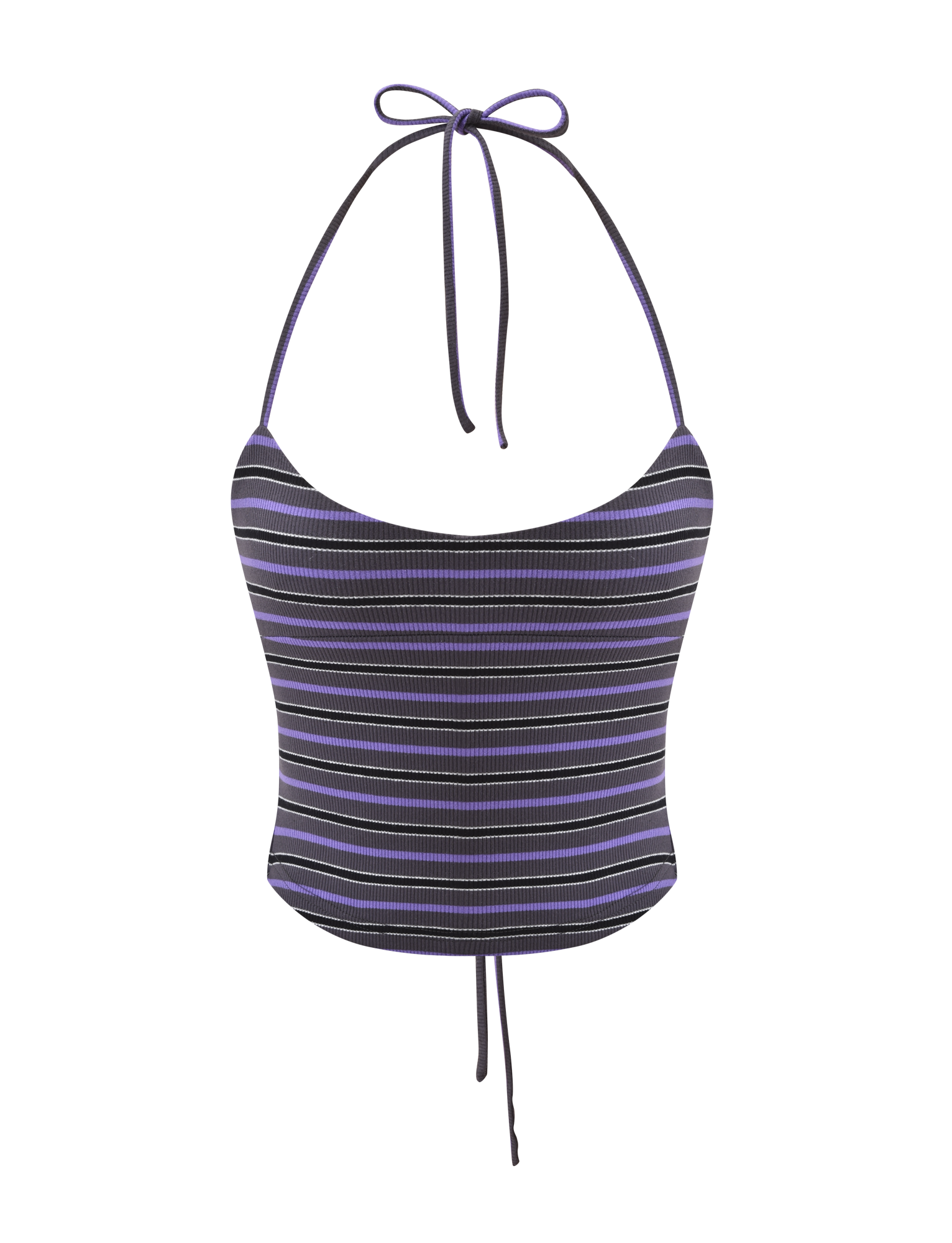 The TIGERMIST CERYS RIB TOP - GREY STRIPE is a cropped, sleeveless halter neck with thin tie straps, ribbed knit fabric, grey striped pattern, and a drawstring tie at the bottom hem.