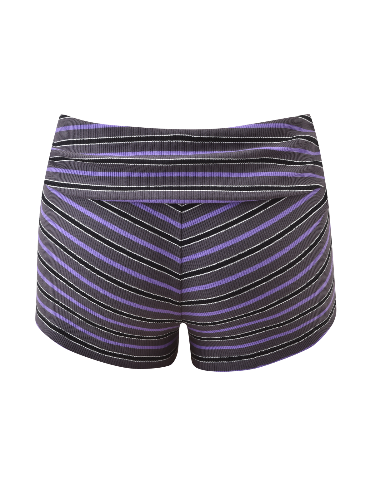 The TIGERMIST CERYS RIB SHORT in grey stripe features horizontal and diagonal stripes in black, purple, and white, shown from the back on a plain white background.