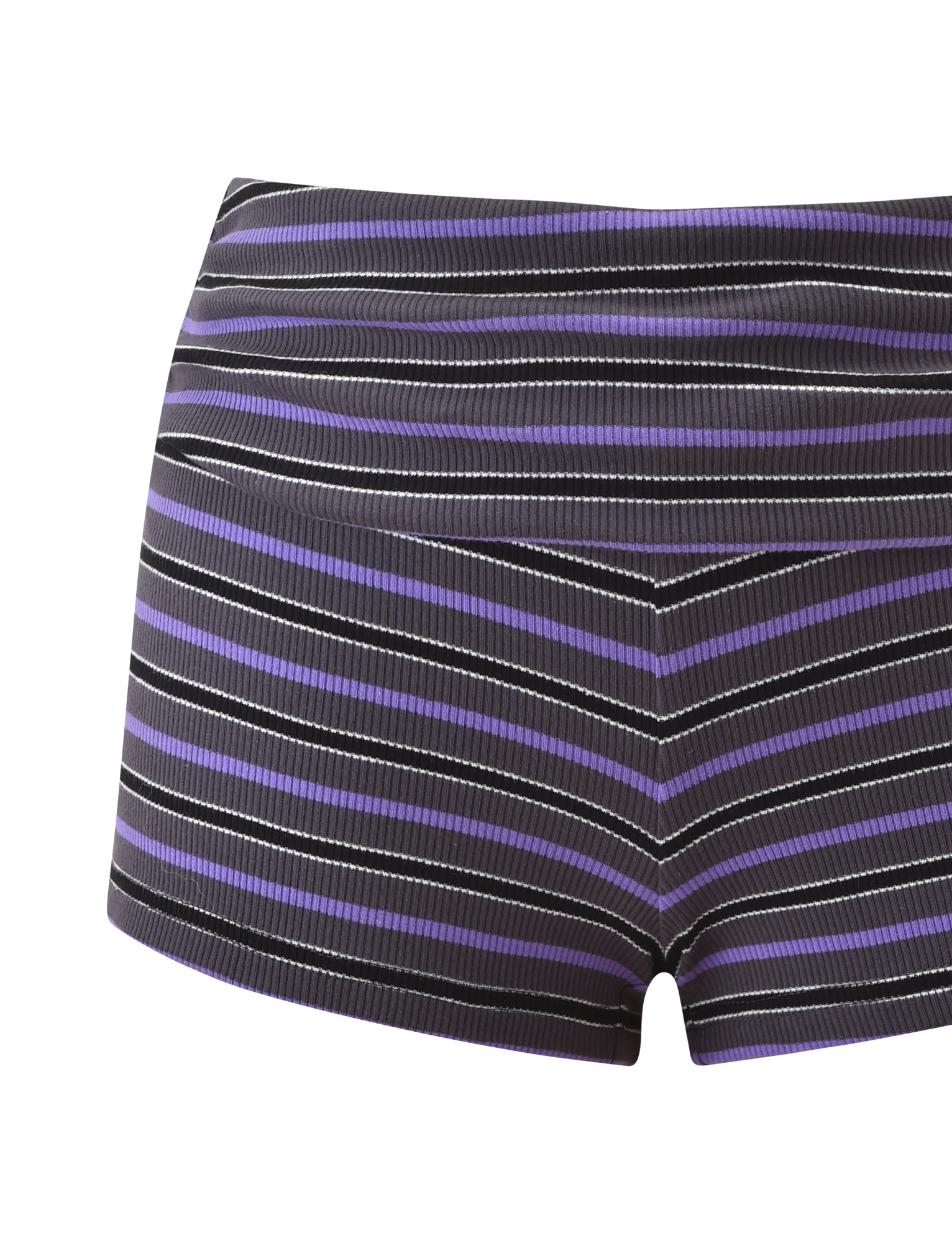 Close-up of TIGERMIST's CERYS RIB SHORT - GREY STRIPE, a fitted, ribbed knit super mini short featuring horizontal black, purple, and white stripes on a white background.