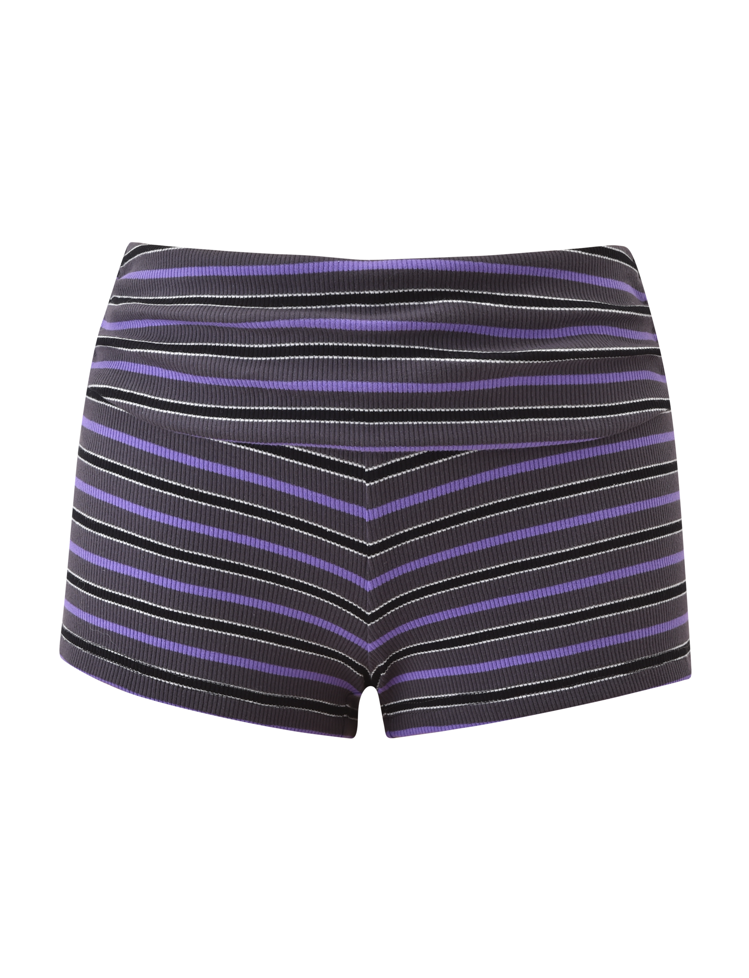 The CERYS RIB SHORT by TIGERMIST features high-waisted, super mini grey striped shorts with a foldover waistband, shown against a plain white background.