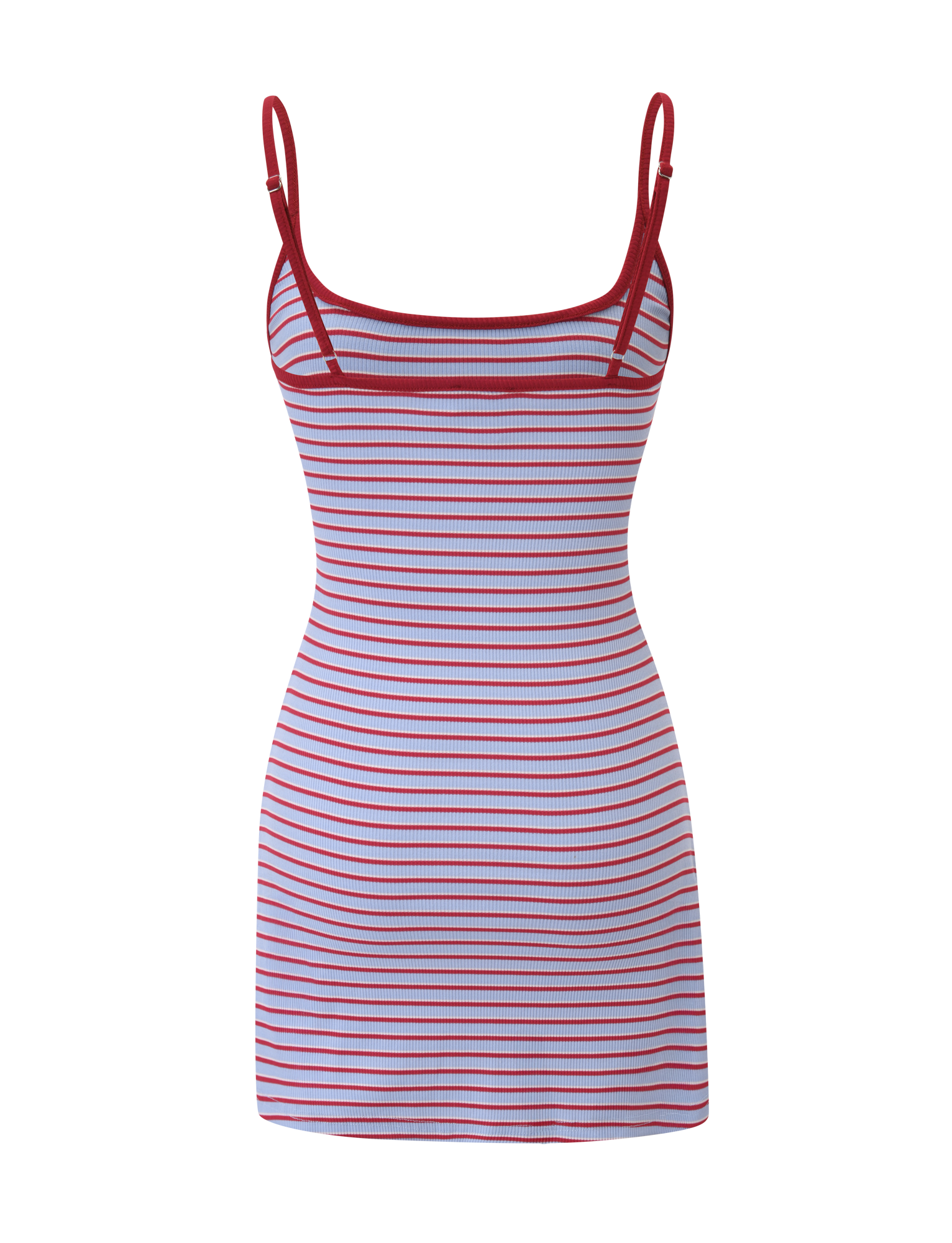 The TIGERMIST CELESTE MINI DRESS - RED STRIPE is a sleeveless, fitted mini dress with horizontal red, white, and light blue stripes, red trim at the neckline, and adjustable spaghetti straps.