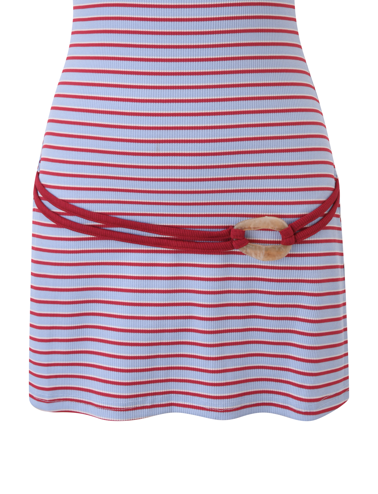 The TIGERMIST CELESTE MINI DRESS - RED STRIPE features horizontal red and white stripes, a belted waist with a red rope belt and circular translucent buckle, plus adjustable shoulder straps for added versatility.
