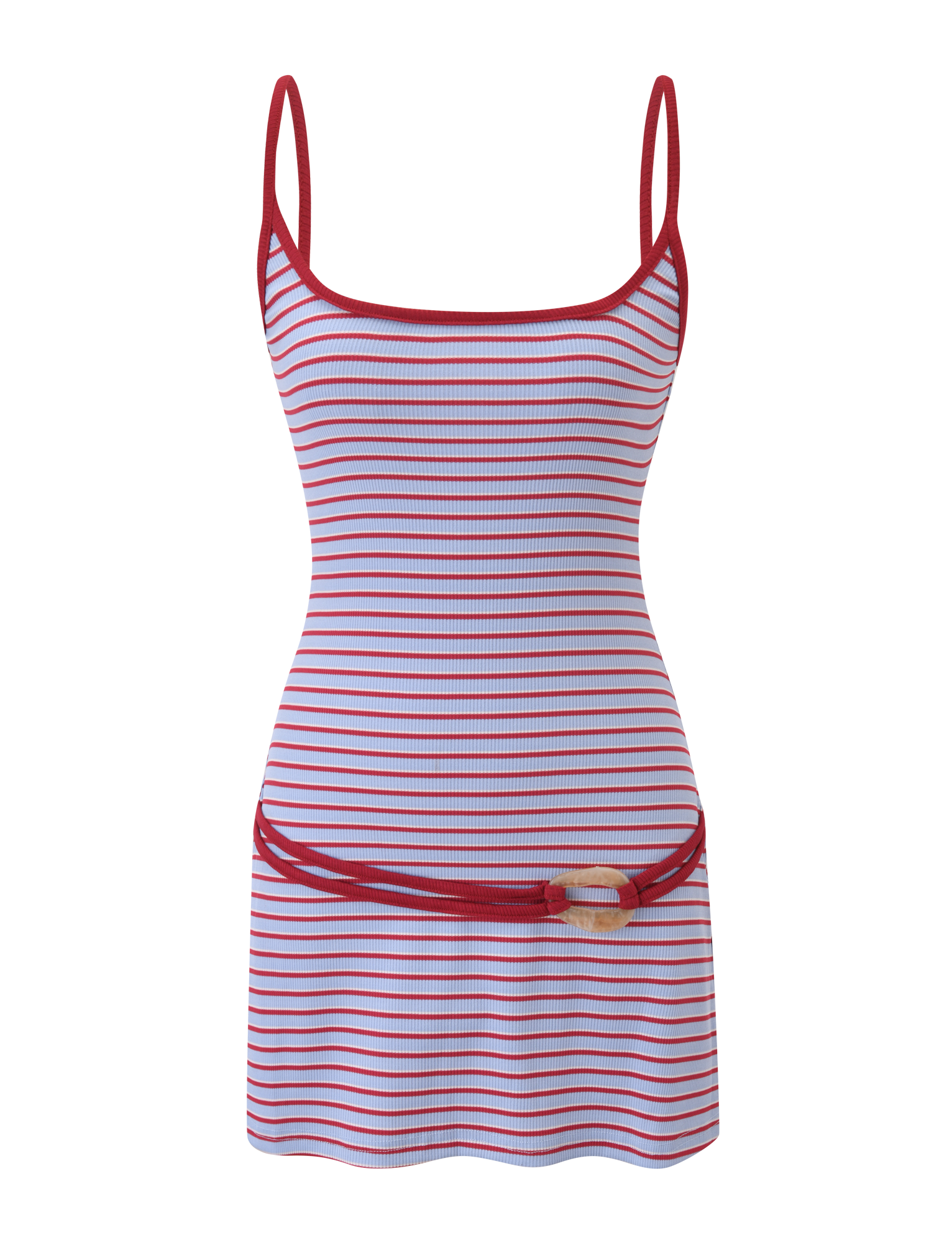 The TIGERMIST CELESTE MINI DRESS - RED STRIPE is a sleeveless, ribbed mini dress with a scoop neckline, thin adjustable red straps, red and lavender stripes, and a red belt with wooden buckle for a chic belted look.
