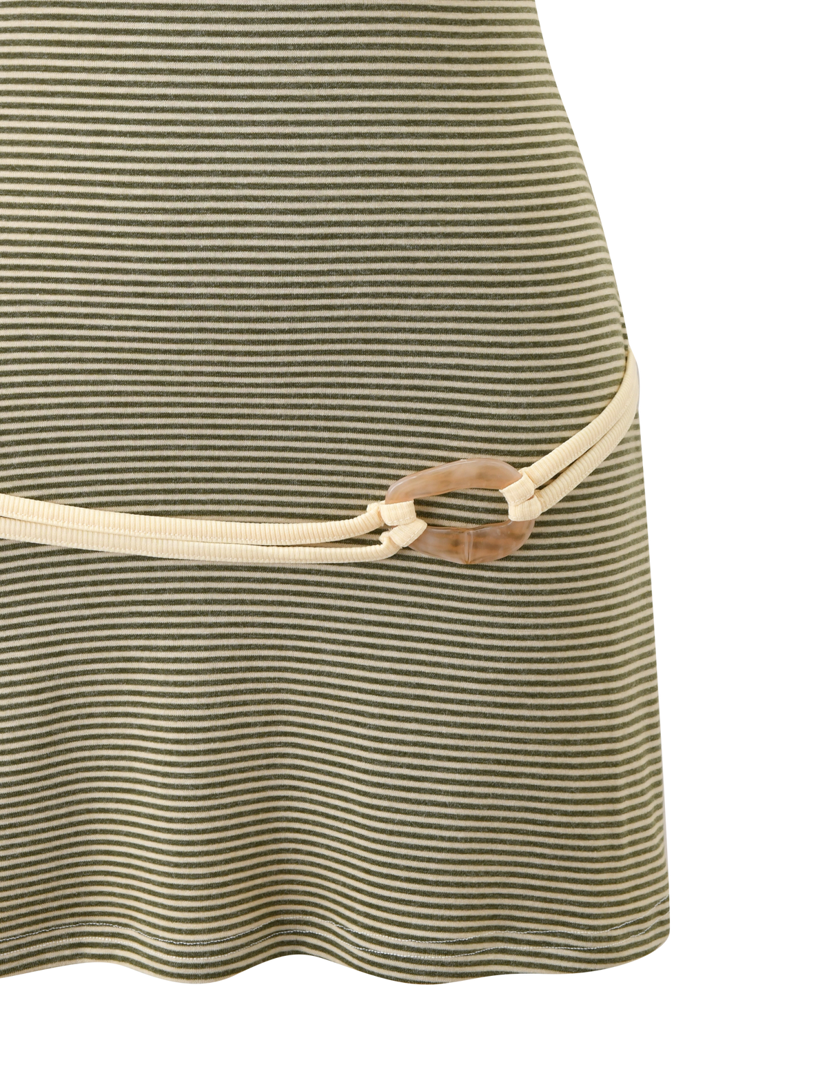 Close-up of the TIGERMIST CELESTE MINI DRESS - OLIVE STRIPE, featuring dark green and white stripes, a cream rope belt with a circular tan buckle draped at the waist, and adjustable shoulder straps for a stylish fit.