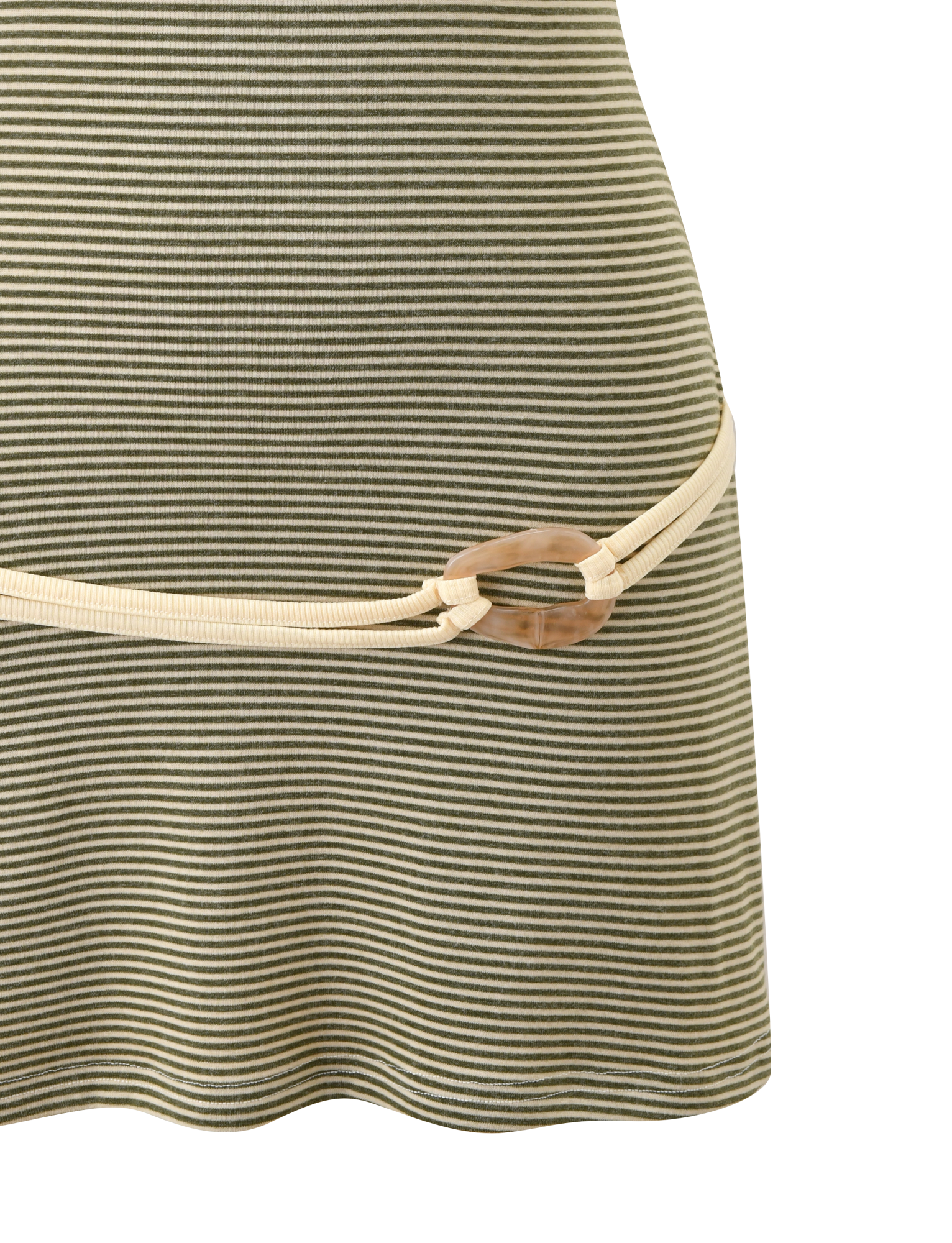 Close-up of the TIGERMIST CELESTE MINI DRESS - OLIVE STRIPE, featuring dark green and white stripes, a cream rope belt with a circular tan buckle draped at the waist, and adjustable shoulder straps for a stylish fit.