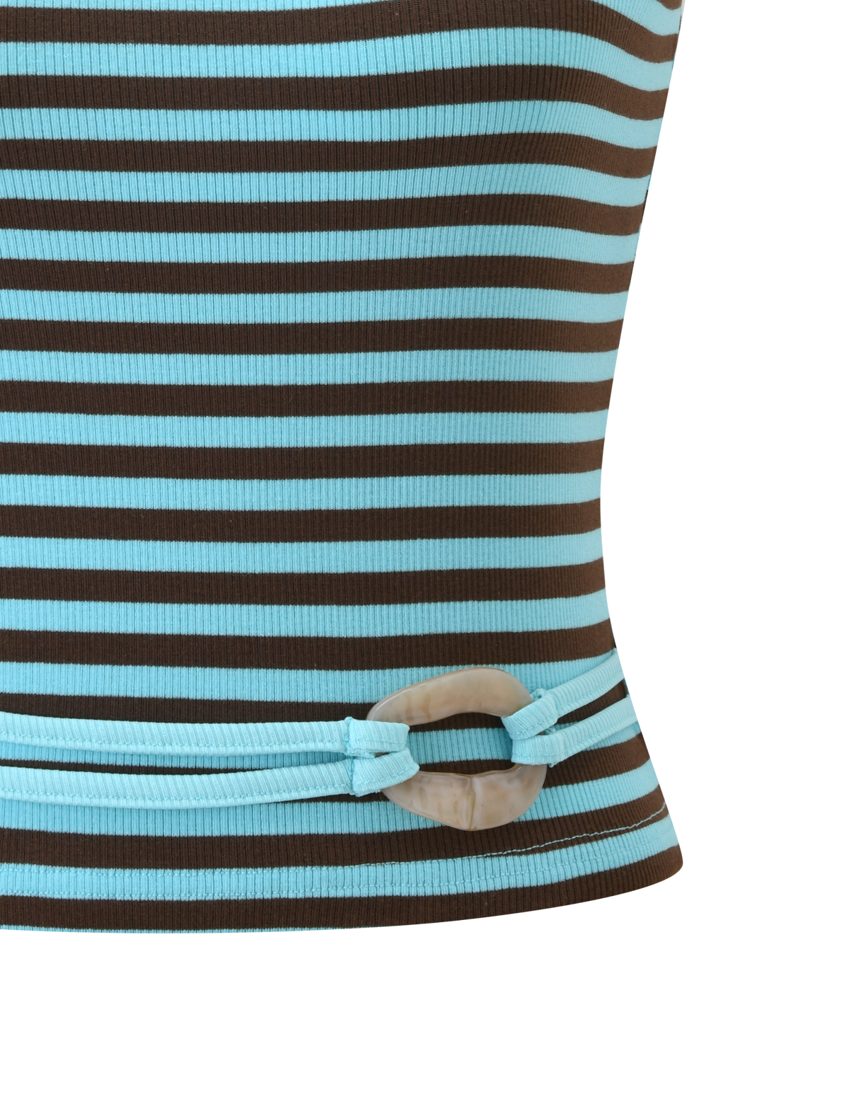 Close-up of the TIGERMIST CELESTE TOP 2.0 - BLUE STRIPE, featuring ribbed fabric with horizontal brown and light blue stripes, plus a light blue drawstring threaded through a beige oval ring near the hem for extra detail.