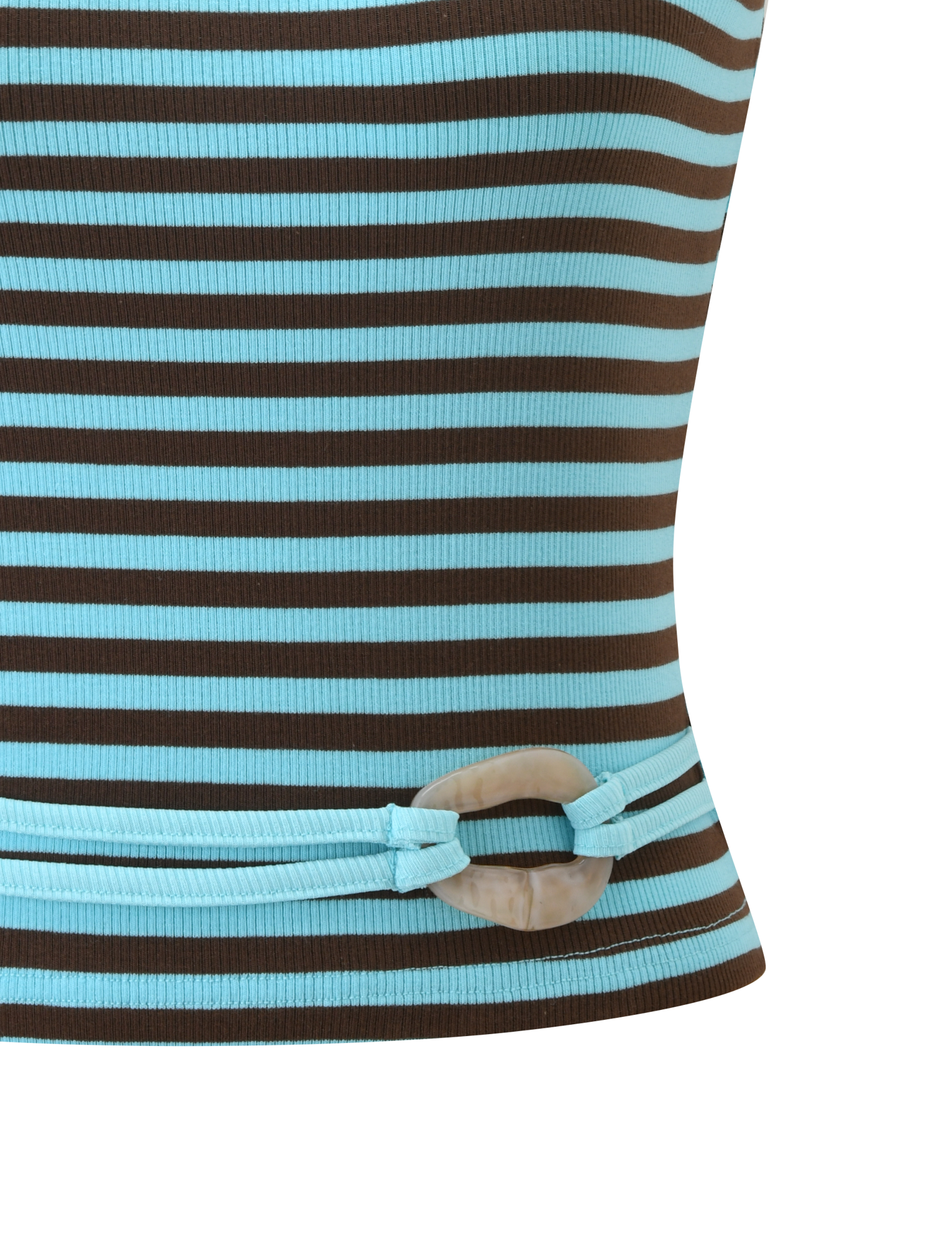 Close-up of the TIGERMIST CELESTE TOP 2.0 - BLUE STRIPE, featuring ribbed fabric with horizontal brown and light blue stripes, plus a light blue drawstring threaded through a beige oval ring near the hem for extra detail.